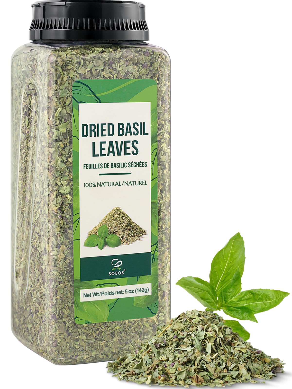Soeos Dried Basil Leaves, 5 oz (142g), Sweet Flavor, Cut and Sifted, Pairs Well with Pasta, Pizza, Salad, Sauces, Poultry, An Es