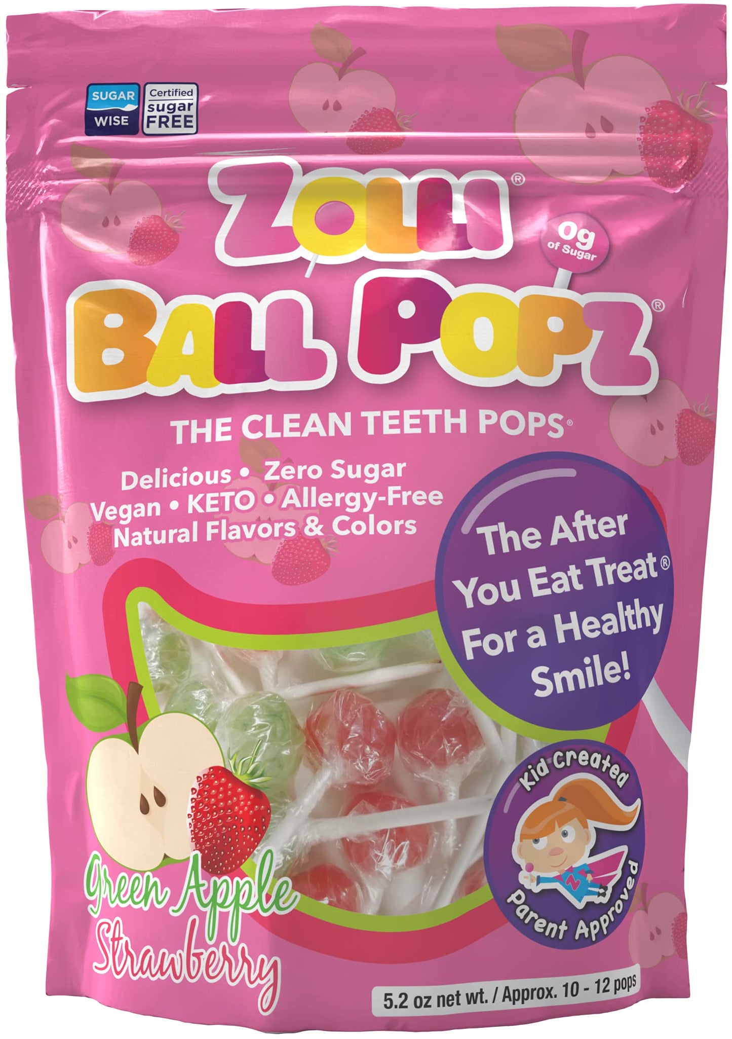 Zolli Ball Popz Green Apple & Strawberry - Sugar-Free, Allergy-Free, Vegan, KETO Lollipops for a Flavorful and Guilt-Free Treat