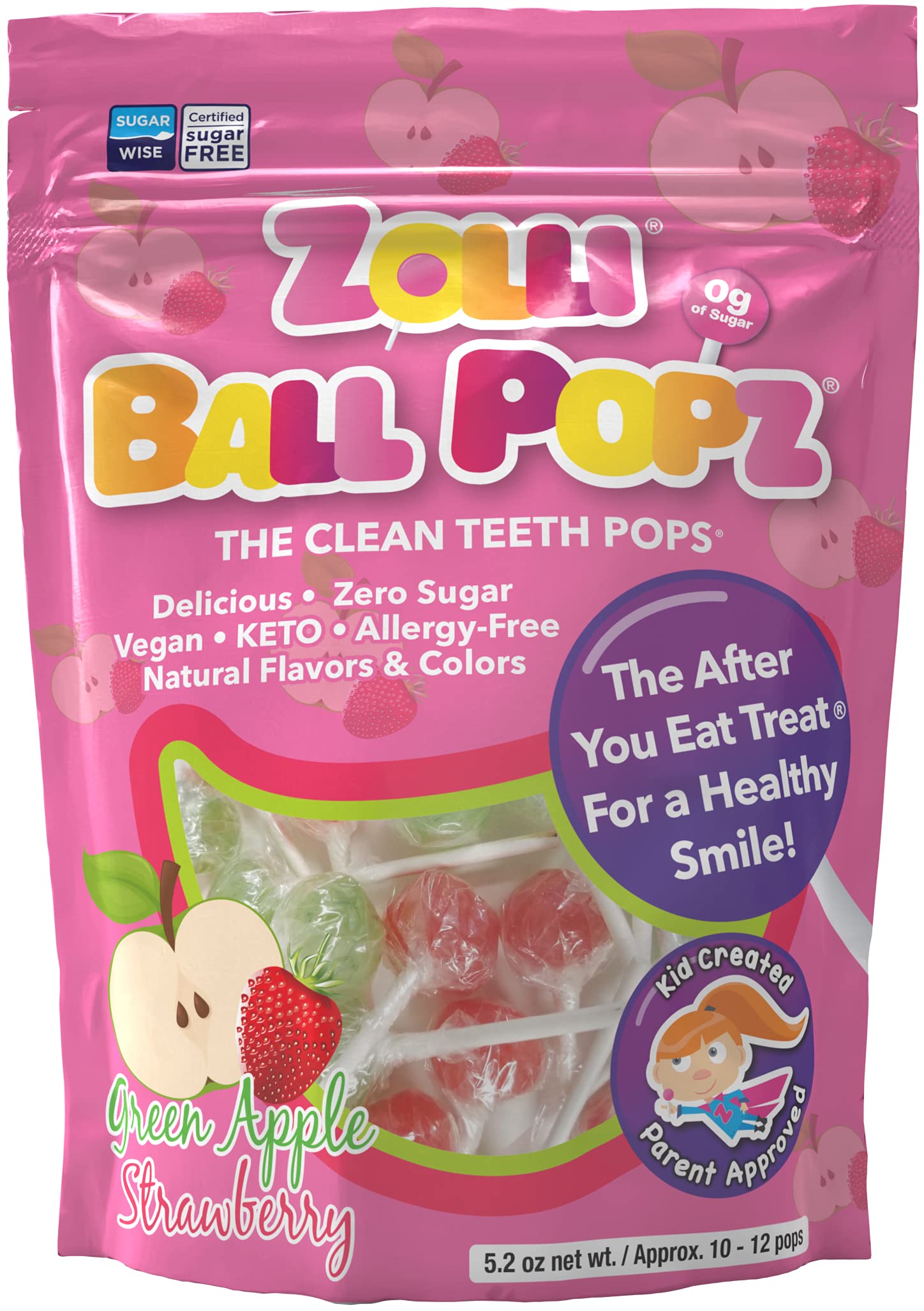 Zolli Ball Popz Green Apple & Strawberry - Sugar-Free, Allergy-Free, Vegan, KETO Lollipops for a Flavorful and Guilt-Free Treat