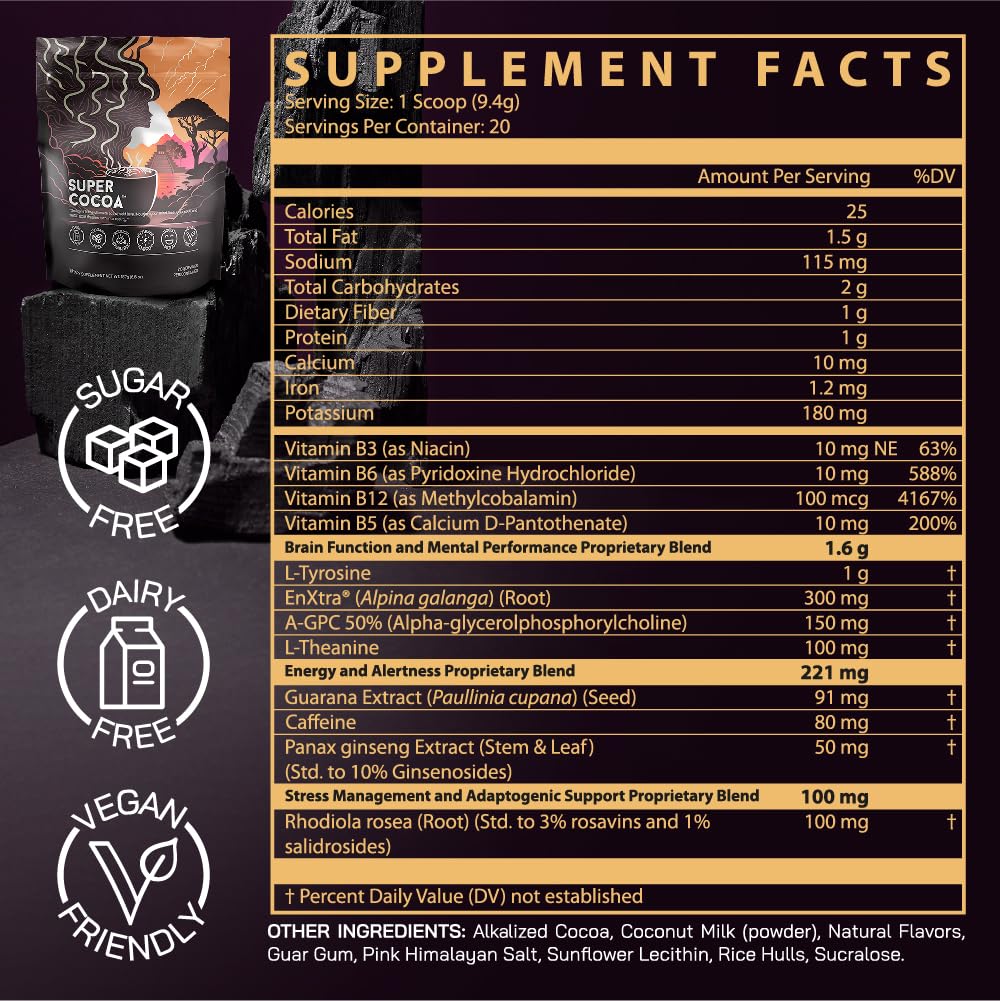 Super Cocoa Hot Chocolate Mix - Dairy Free, Sugar Free, Keto, Vegan - 6.6 Ounce - Energy Cocoa