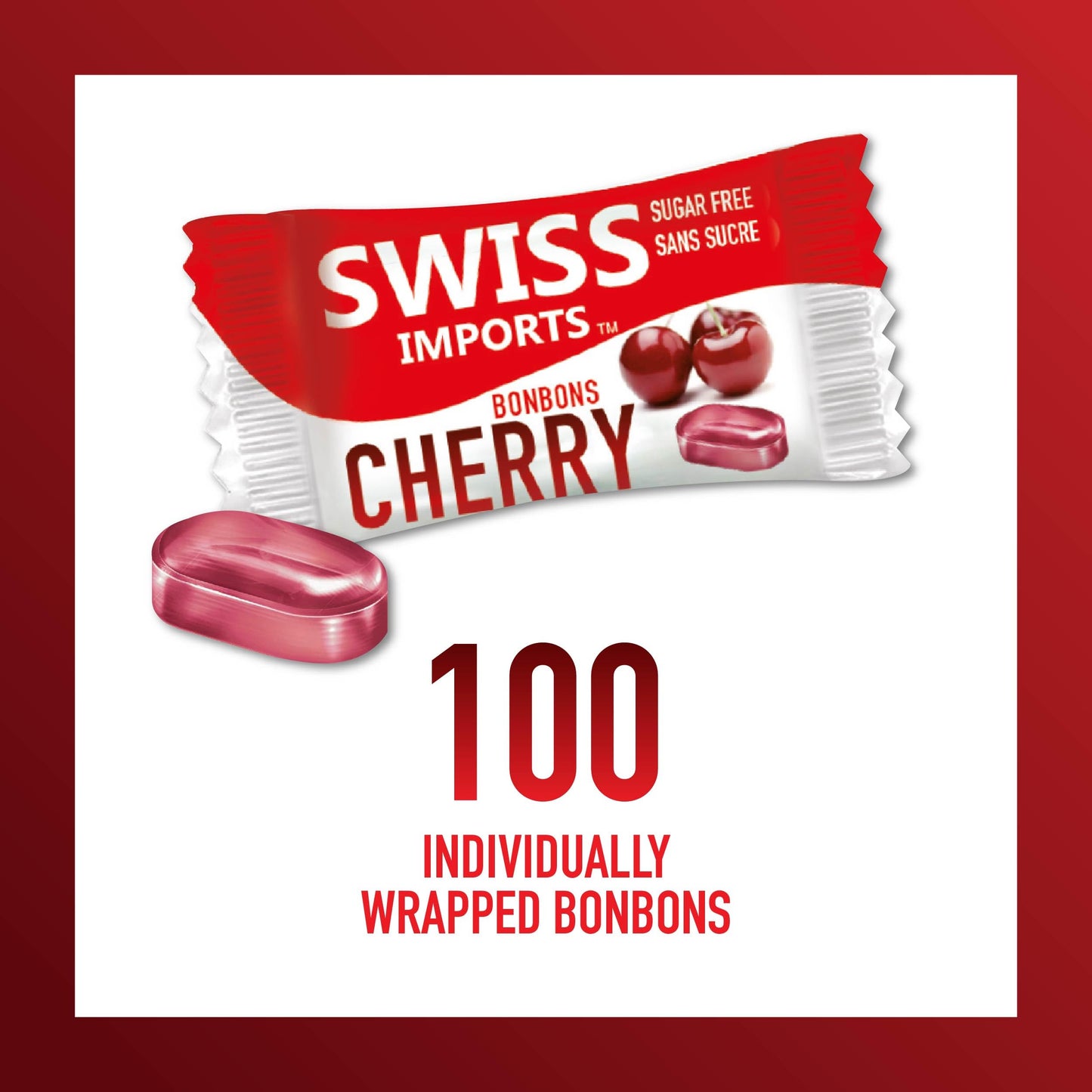 Swiss Imports Sugar Free Bonbons Hard Candy Drops, Cherry, 100 Individually Wrapped Pieces, 250G/8.8Oz