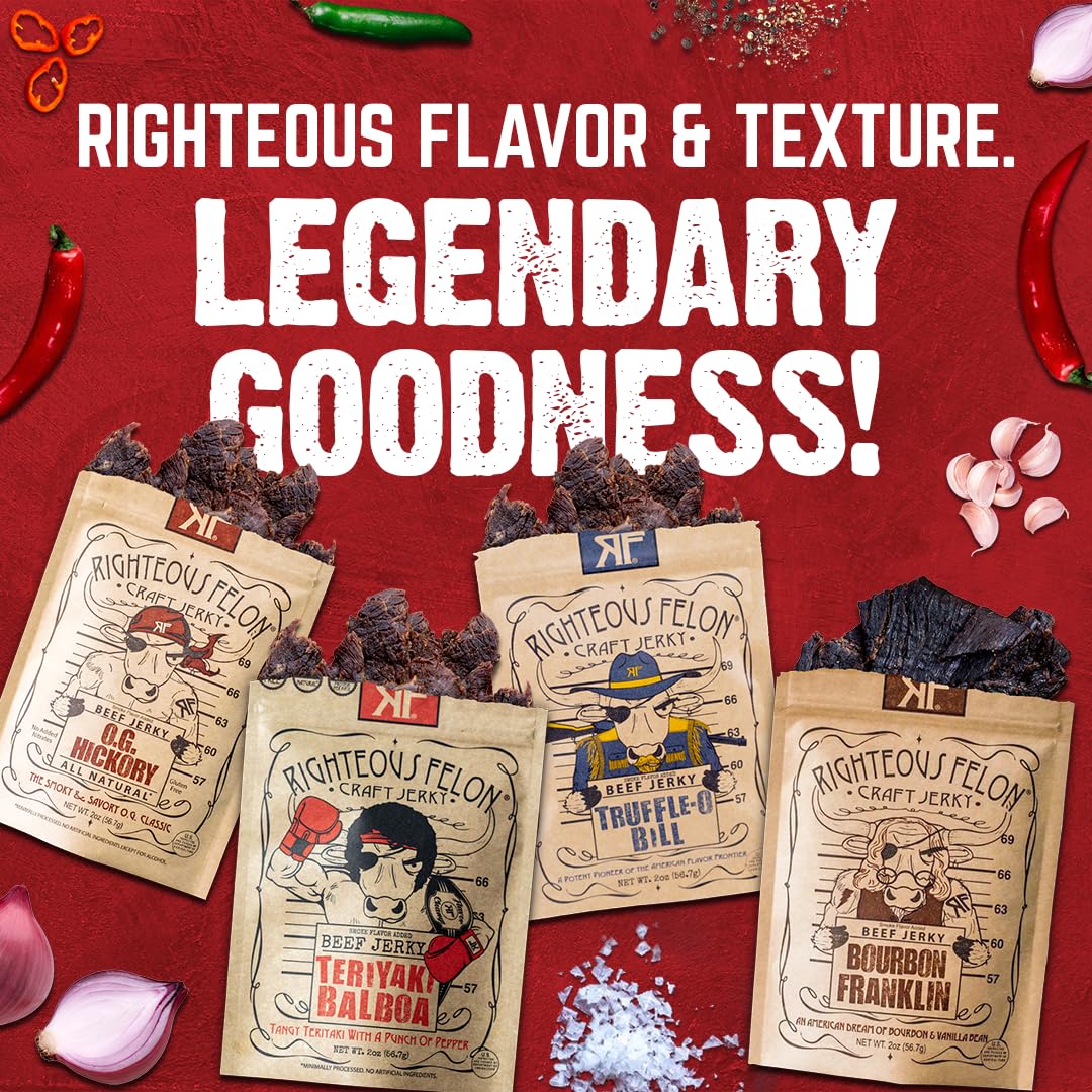 Righteous Felon Beef Jerky - All-Natural Low-Sugar Healthy Snack - 8 Ounce Sampler Pack