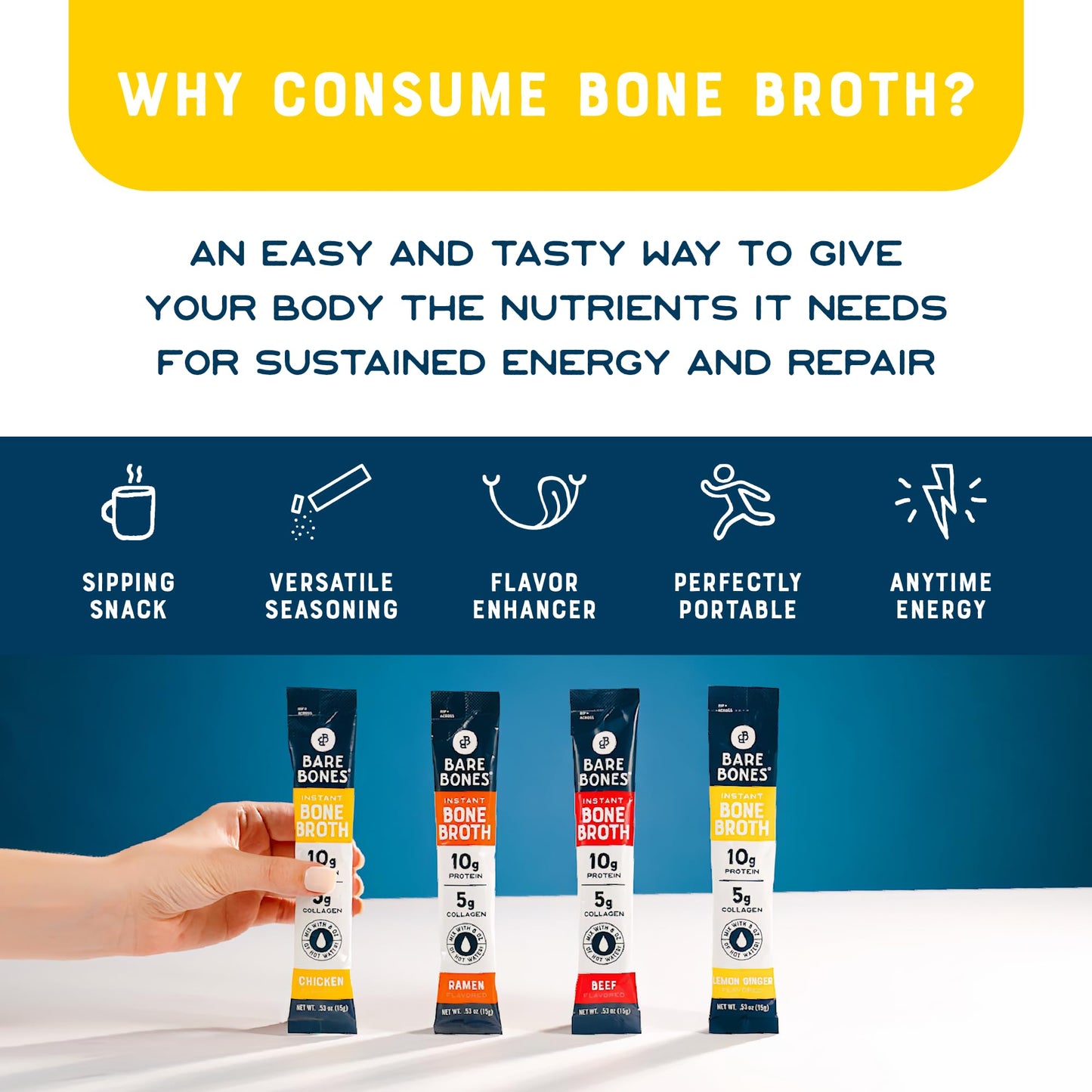 Bare Bones Bone Broth Powdered Mix Variety Pack | 4 Beef, 4 Chicken, 4 Ramen, 4 Lemon Ginger | Non-GMO, Gluten-Free, Keto Friendly, 16