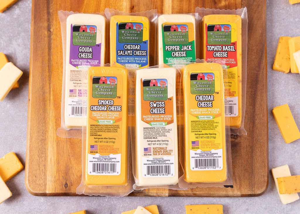 Wisconsin Cheese Company – 100% Wisconsin Specialty Cheese Block Sampler Holiday Gift Pack (7 Blocks) – Cheddar, Pepper Jack, Swiss, Gouda, Salami, Smoked Cheddar & Tomato Basil | Perfect For Parties, Charcuterie Boards, And Holiday Gifts