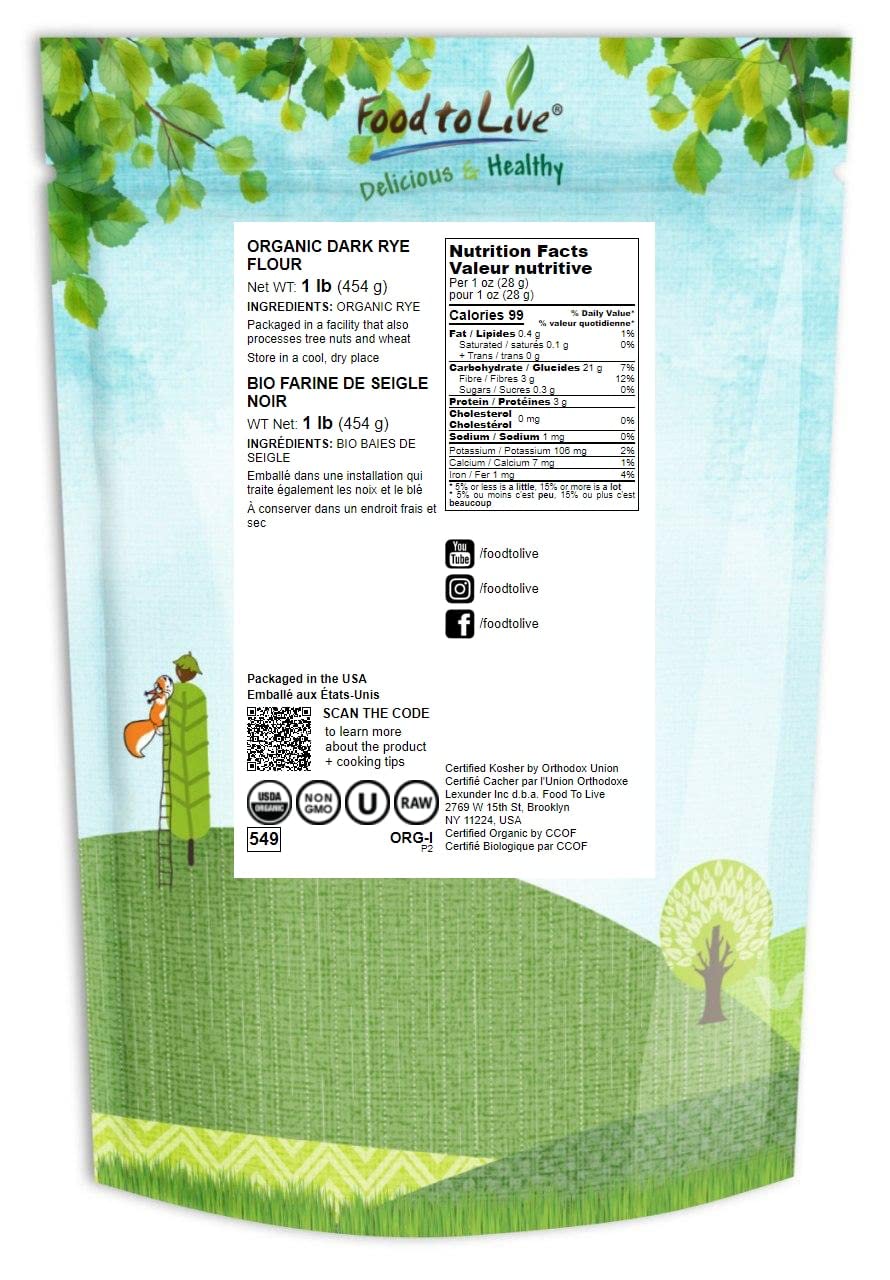 Food to Live Organic Dark Rye Flour, 1 Pound - Whole Grain, Non-GMO, Stone Ground, Kosher, Raw, Vegan, Bulk, Great for Baking Br
