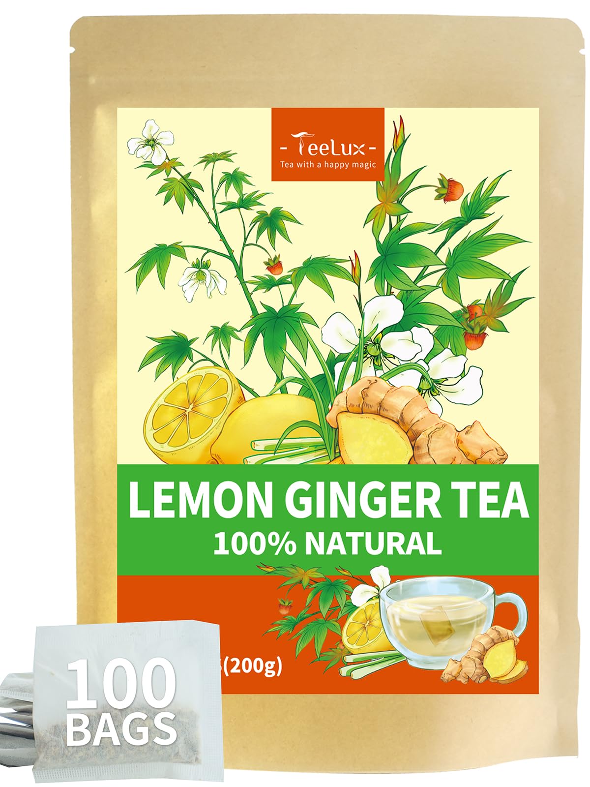 TeeLux Lemon Ginger Herbal Tea, Caffeine Free, 100 Tea Bags, Refreshing Flavor