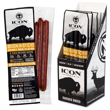 Icon Meats Bison And Pork Snack Sticks - Honey Bbq Flavor - 6 Packs Per Box, 4 Sticks Per Pack, All Natural Jerky Meat Sticks, U