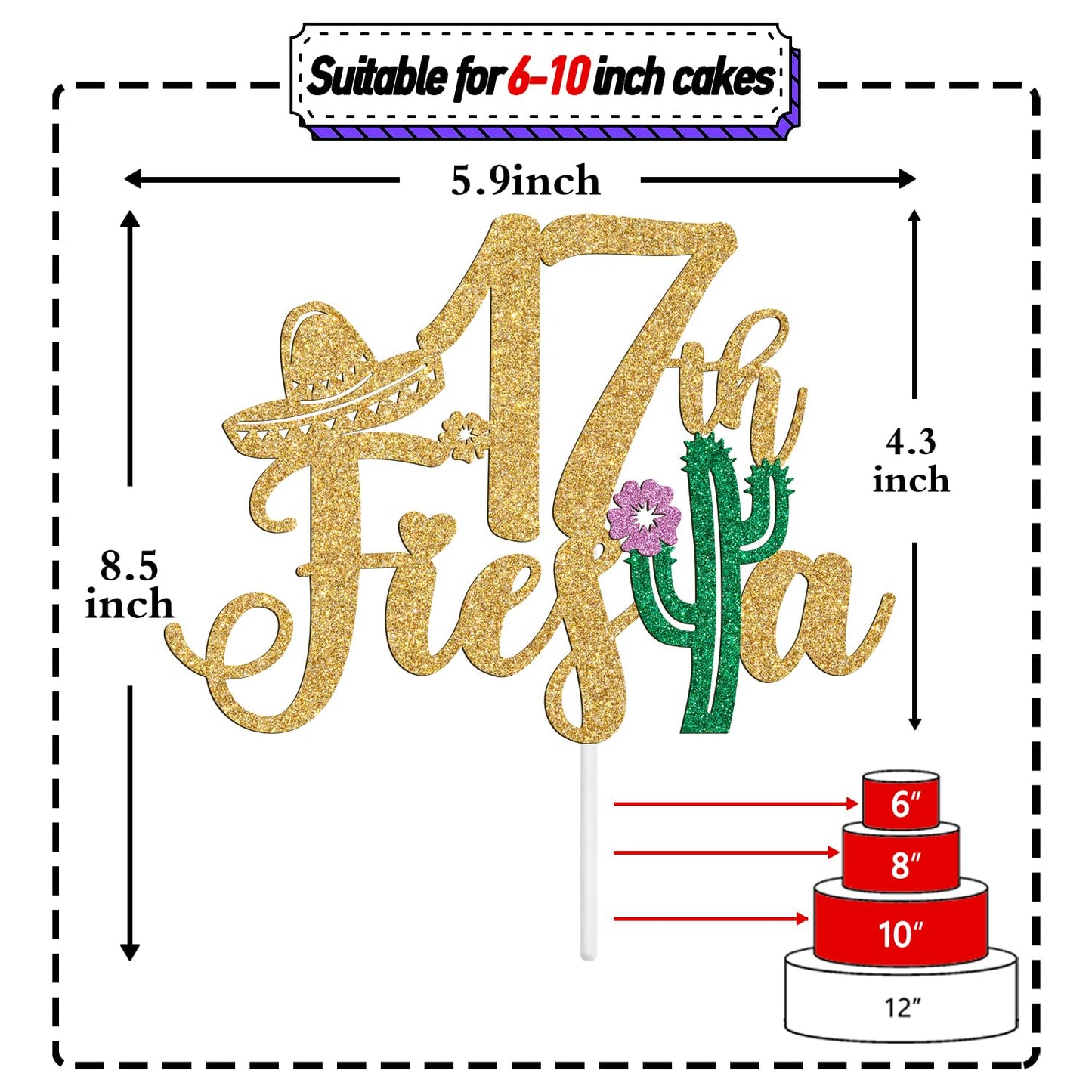 Tivurcia Fiesta 17th Cake Topper, Gold Tropical Hawaiian Theme Decoration