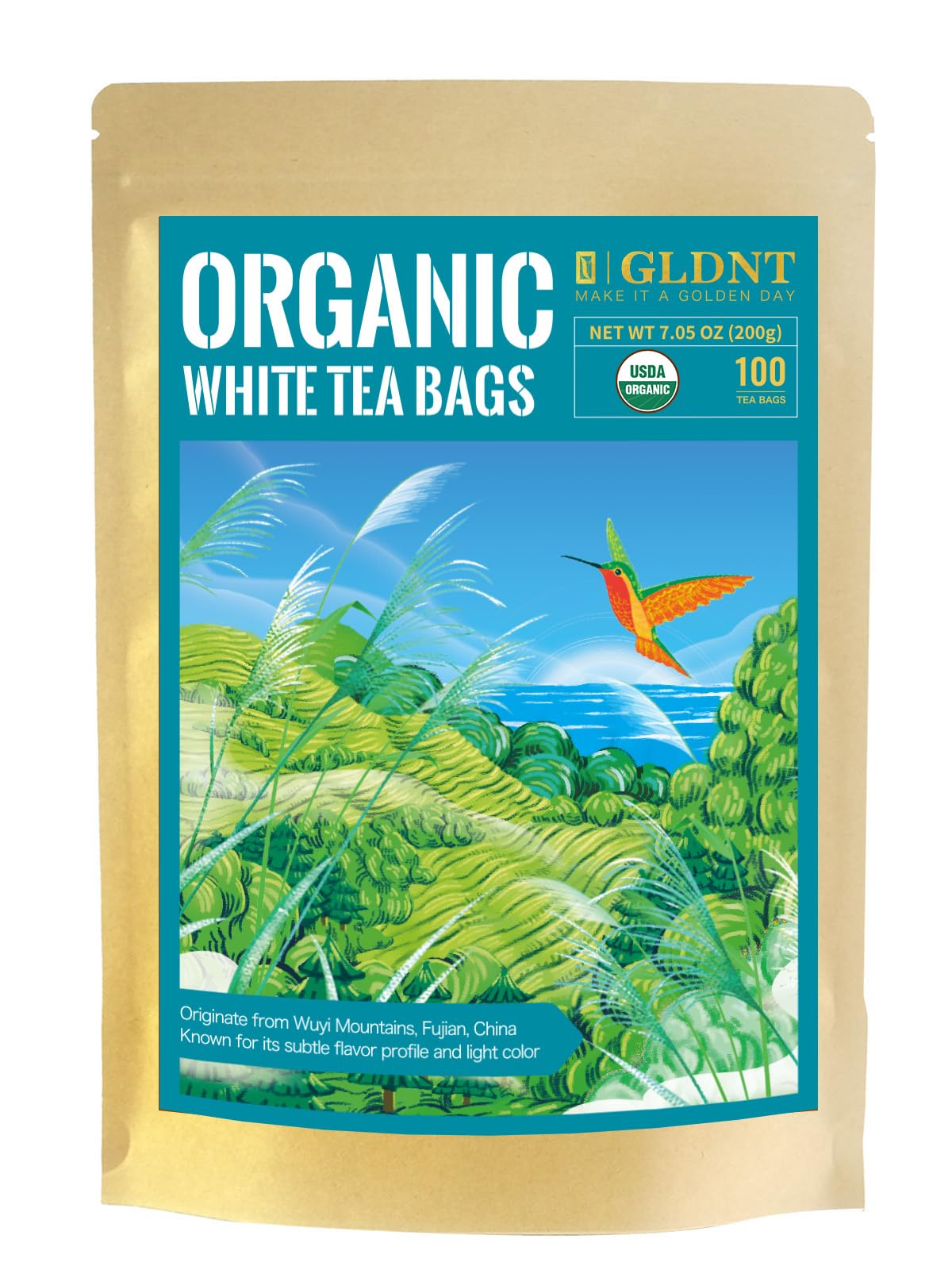 Gldnt Organic White Tea Bags  Natural Top-Grade Organic White Tea  Mellow & Delicate Taste  Caffeinated  100 Count