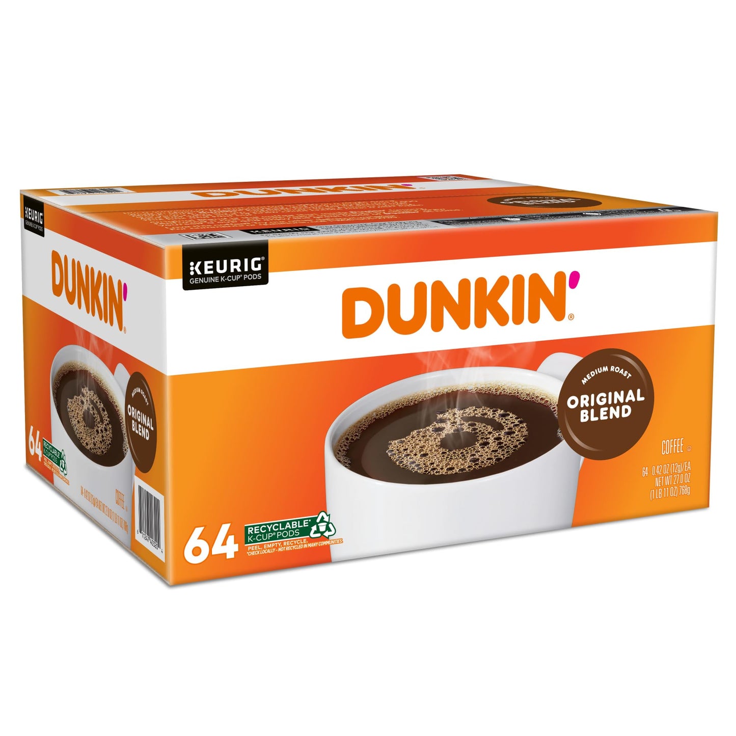 Dunkin Donuts Single-Serve Coffee K-Cup Pods  Original Blend  Medium Roast  Carton Of 64 Pods