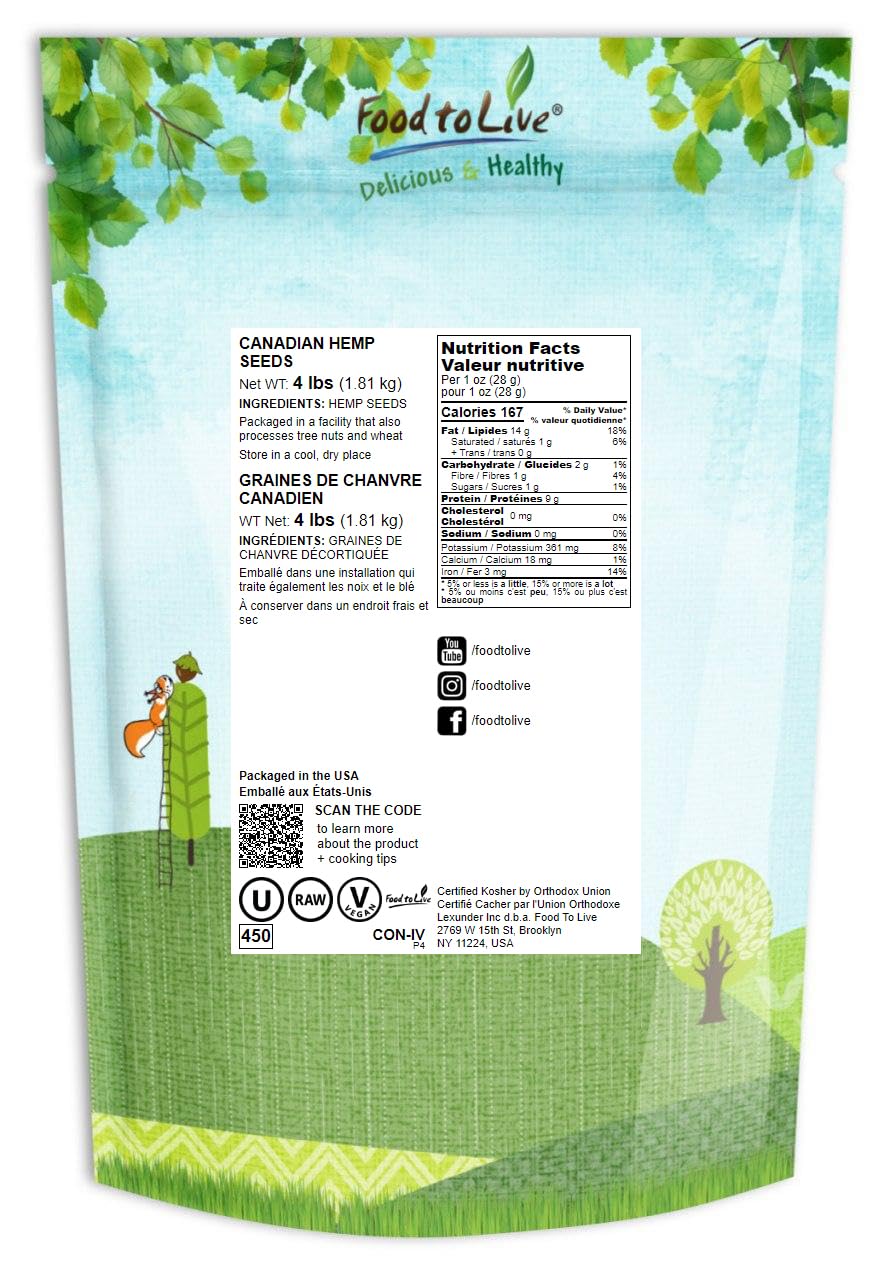 Food to Live Canadian Hemp Seeds - Hulled, Vegan Superfood, 4 Pounds