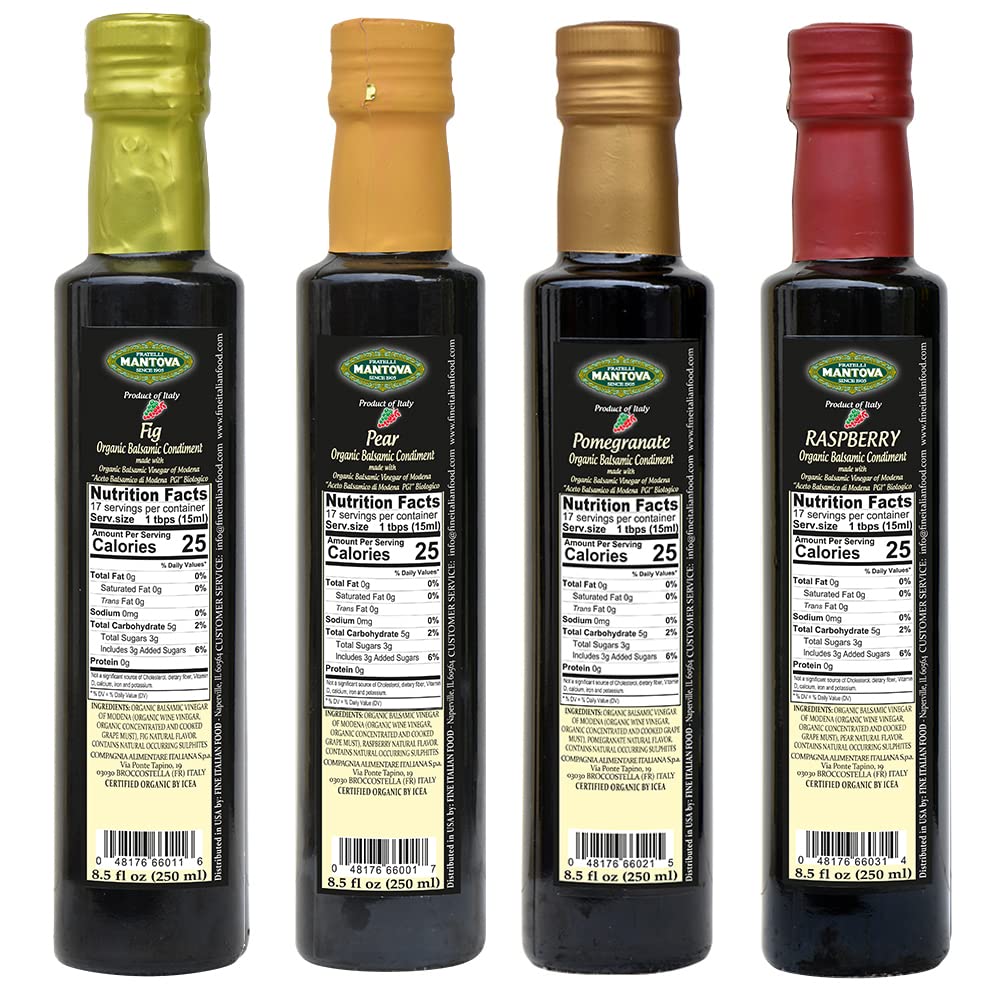 Mantova Organic Flavored Balsamic Vinegar Of Modena 4-Variety Pack: Fig, Pear, Pomegranate, & Raspberry; Perfect For Gift Basket, Add To Pasta, Salad, Ice Cream And Cocktails, 8.5 Oz Per Bottle