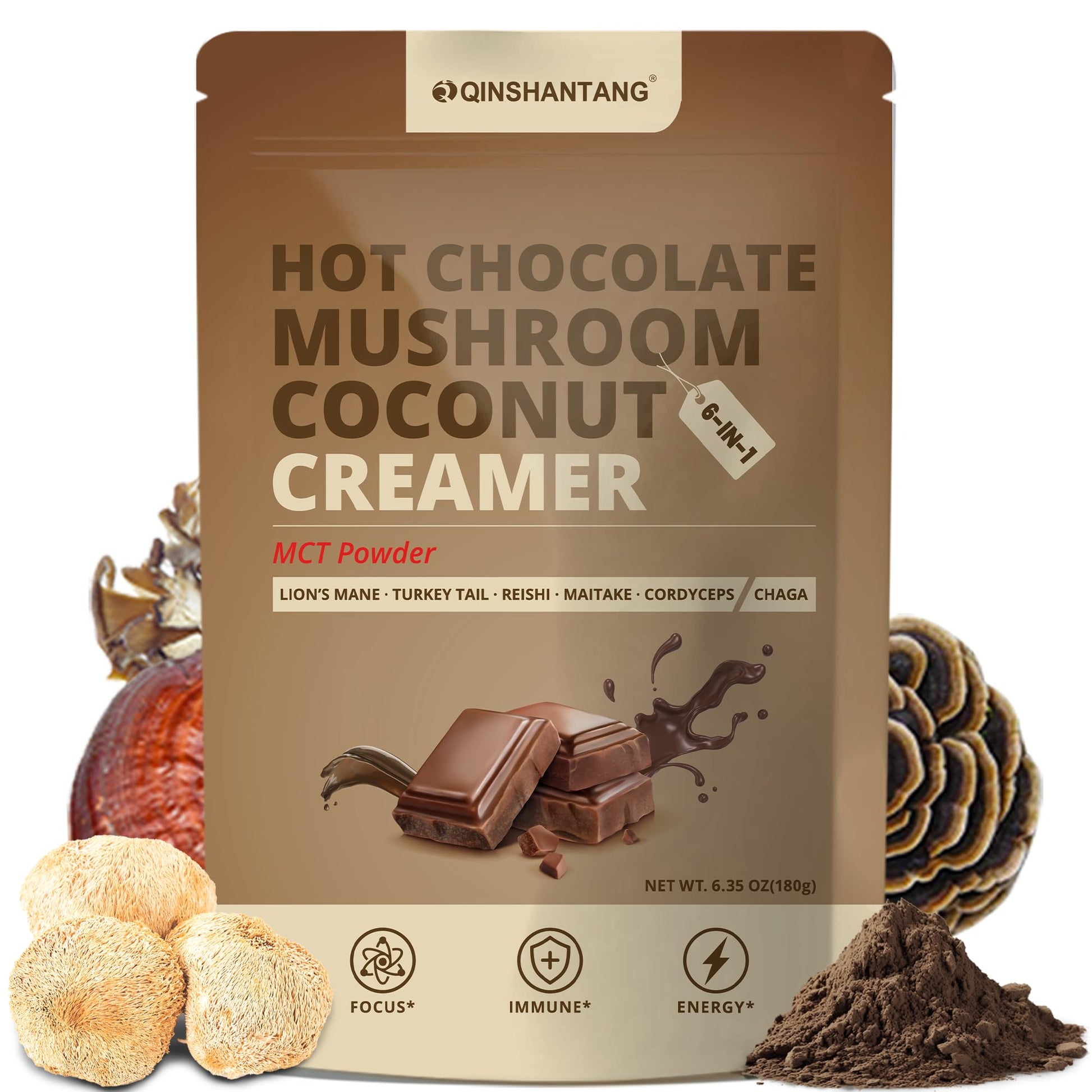 Mushroom Coffee Creamer  Chocolate Flavored Coconut Creamer With Cacao Powder  Mct And 6 Adaptogens (LionS Mane  Chaga  Reishi) For Focus  Immunity - Sugar & Energy Blend Free  Vegan  Gluten-Free  6.35 Oz
