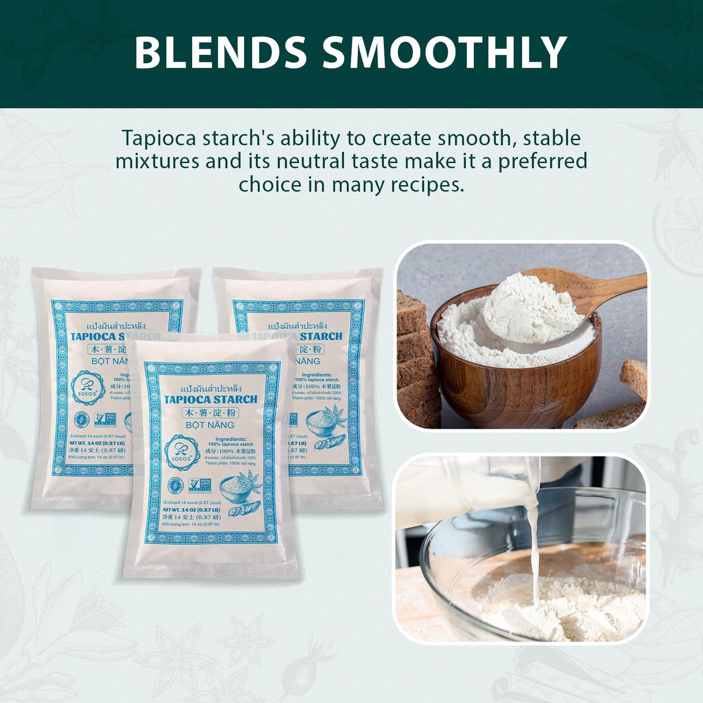 Soeos Tapioca Flour Starch, 14 Ounce (Pack Of 3), All Natural Tapioca Starch For Baking, Cooking & Boba Pearls, Thickens And Enh