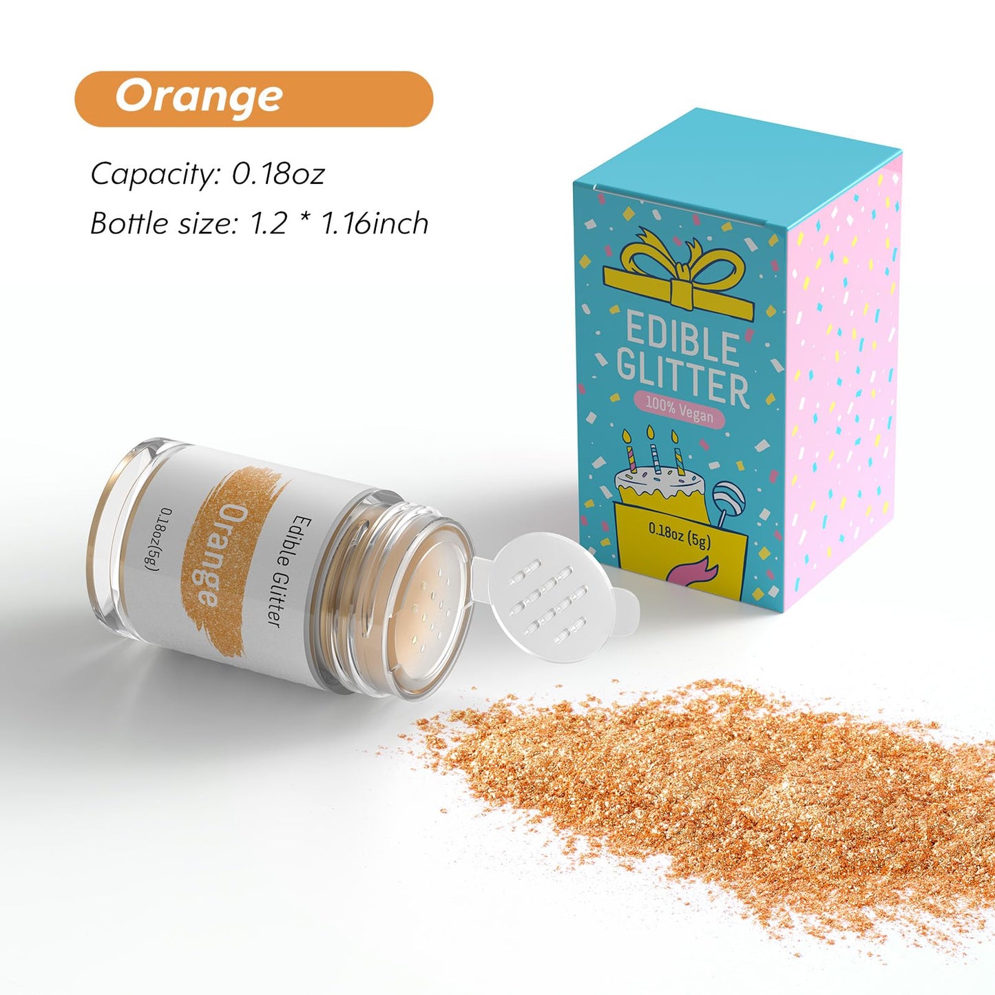 Jelife Orange Edible Glitter Dust For Drinks - 5 Grams Food Grade Luster Glitter Dust, Sprinkle On Sparkle Edible Food Coloring