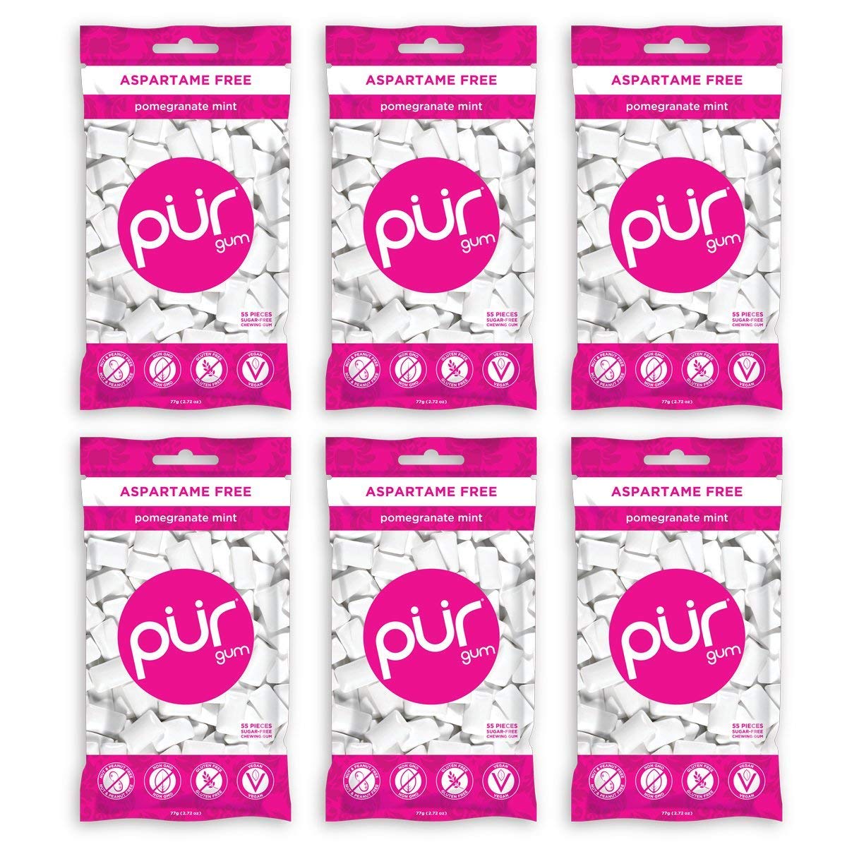 Pur 100% Xylitol Chewing Gum, Sugarless Pomegranate Mint, Sugar Free + Aspartame Free + Gluten Free, Vegan & Keto Friendly - Low Carb, Simply Pure Natural Fruit Flavored Gum, 55 Pieces (Pack Of 6)