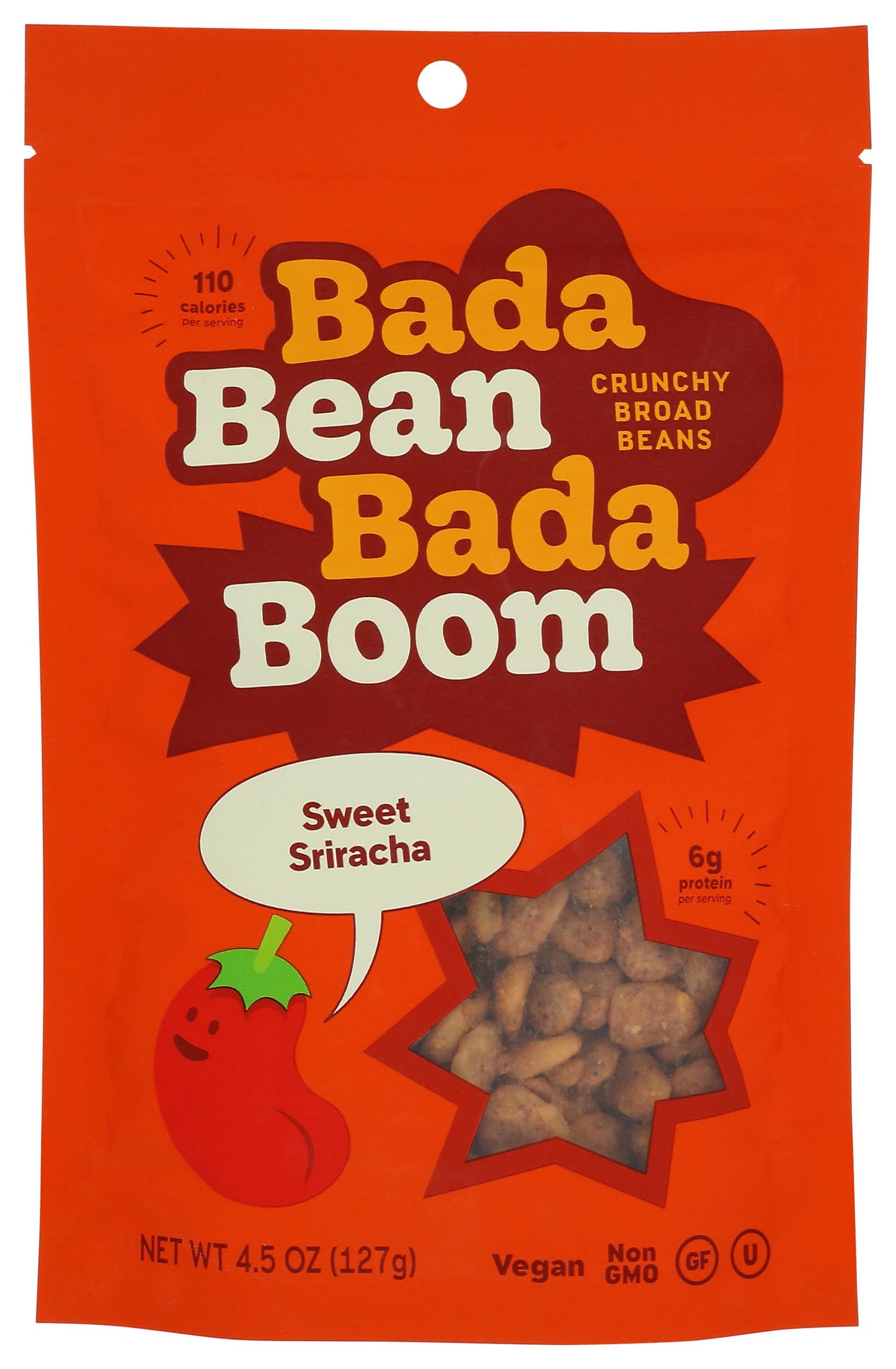 Bada Bean Bada Boom Plant-based Protein, Gluten Free, Vegan, Non-GMO, Soy Free, Kosher, Roasted Broad Fava Bean Snacks, Sriracha