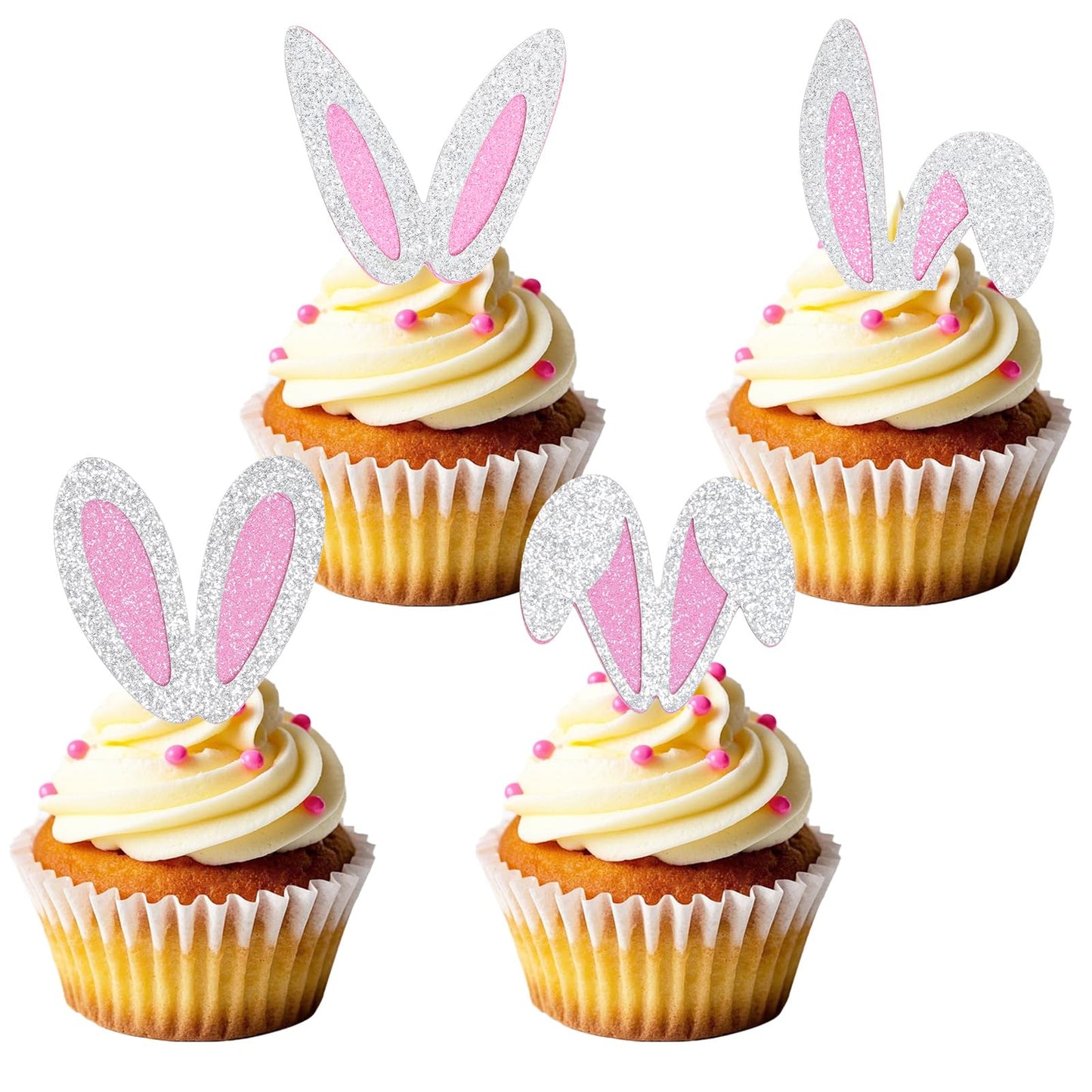 Sucrain 48Pcs Glitter Rabbit Ears Cupcake Picks  Easter Bunny Ear Cupcake Toppers For Easter Theme Cake Decorations Birthday Spring Party Supplies