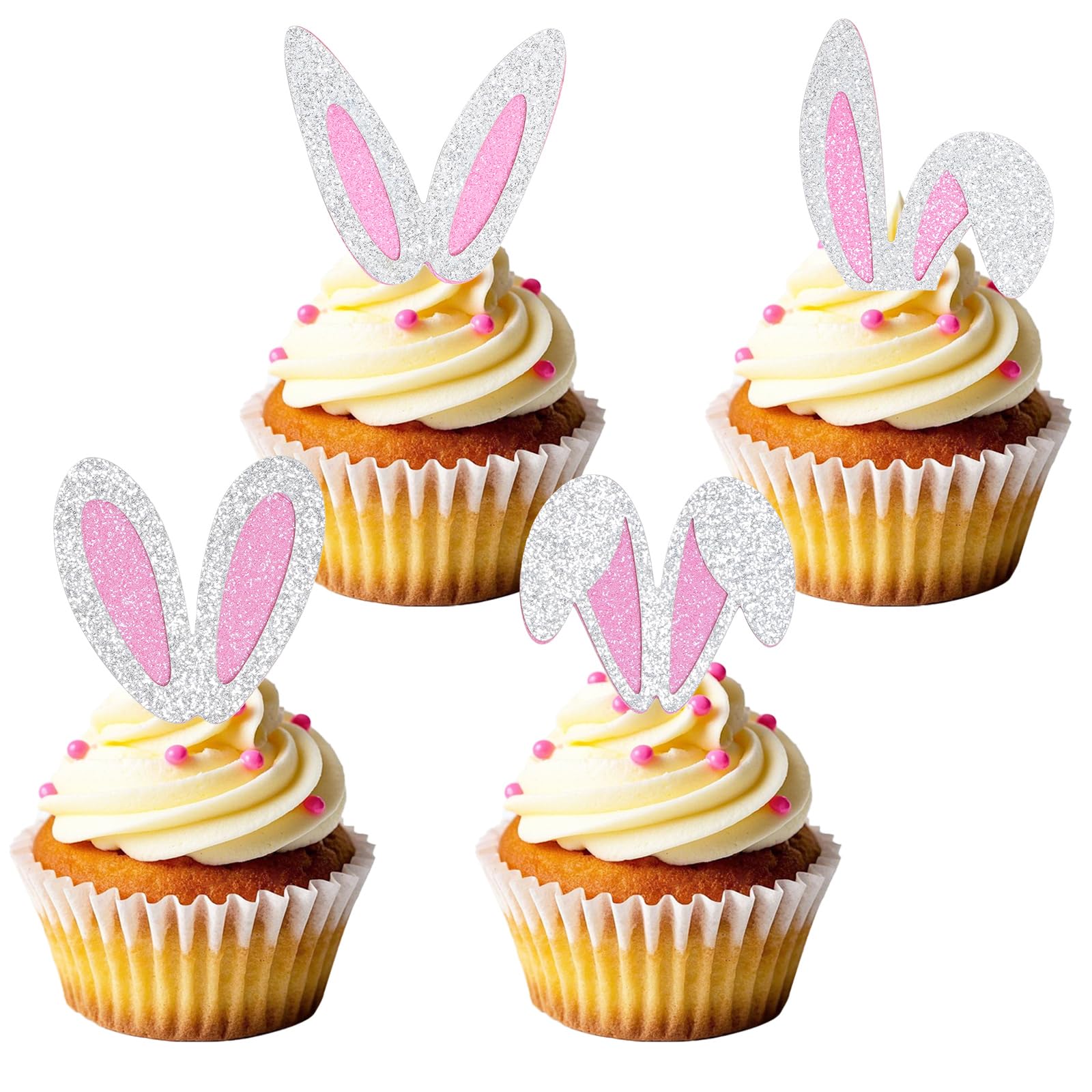 Sucrain 48Pcs Glitter Rabbit Ears Cupcake Picks  Easter Bunny Ear Cupcake Toppers For Easter Theme Cake Decorations Birthday Spring Party Supplies