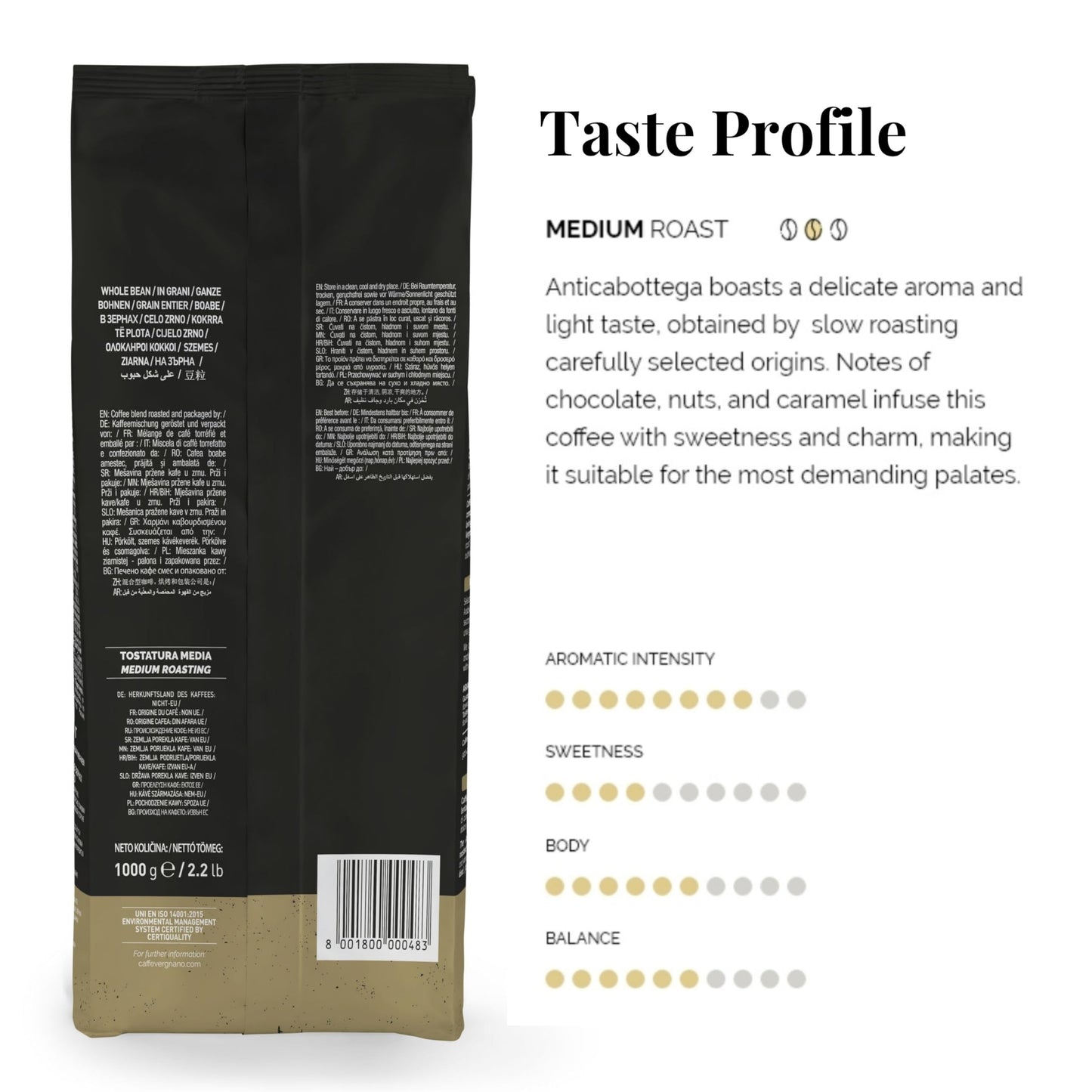 Caffe Vergnano 1882 Antica Bottega Whole Bean Arabica Medium Roast Espresso, 2.2 Lbs Bag - Italian Coffee Beans With Notes Of Ch