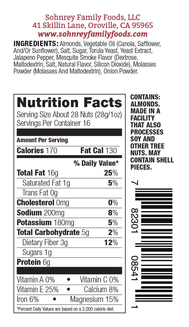 Sohnrey Family Foods Smokey Jalapeno Spicy Almonds Roasted Snack Nuts 16 oz