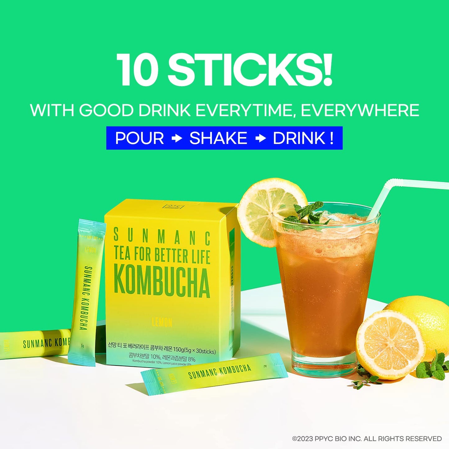 SUNMANC Kombucha Powdered Drink Mix, Sparkling Probiotic, 1.76 oz, Low Calories, Sugar 0g, Lemon Flavor