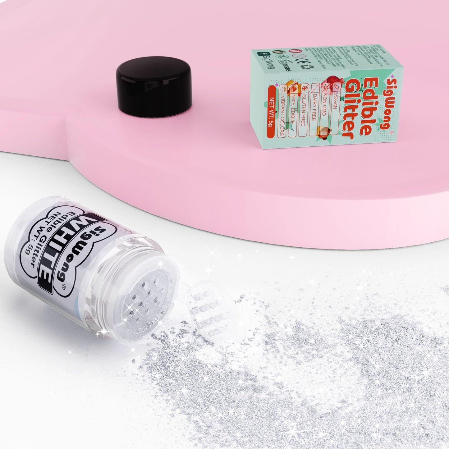 SigWong White Edible Glitter - 5g Food Grade Cake Decorating Shimmering Glitter for Drinks, Chocolates, Cupcakes, Vegan
