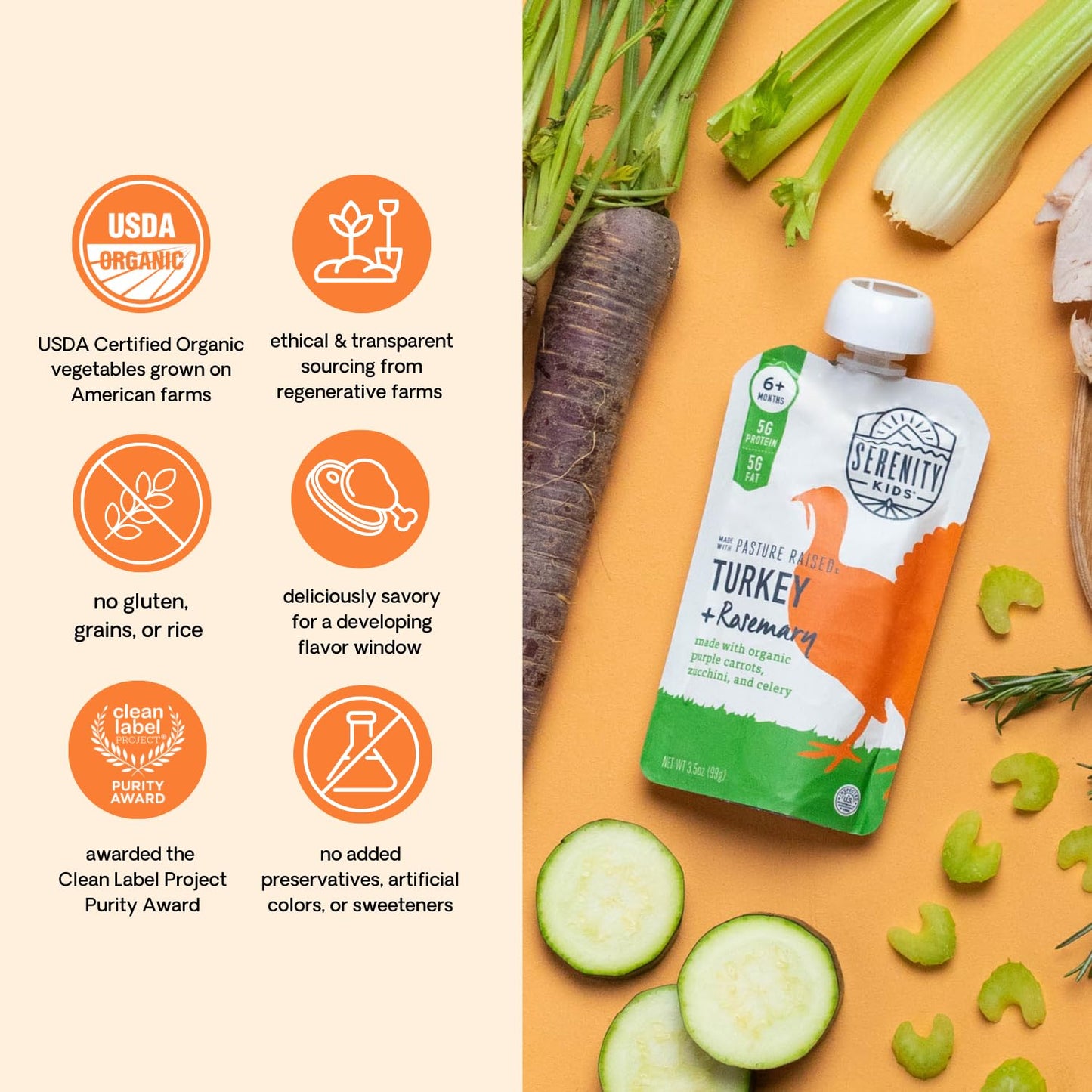 Serenity Kids 6+ Month Baby Food Puree Pouches with Ethically Sourced Meat & Organic Veggies - 3.5 Oz BPA-Free Pouch - Free Rang
