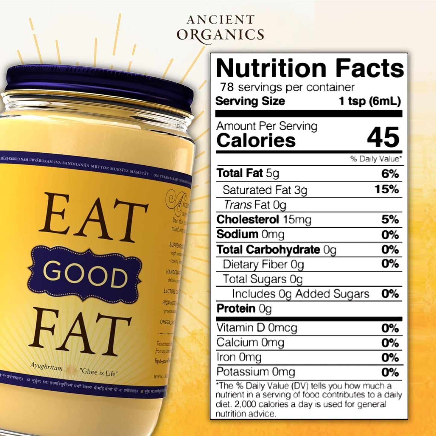 Ancient Organics Ghee, Organic Grass Fed Ghee Butter - Gluten Free Ghee, Clarified Butter, Vitamins & Omegas, Lactose Reduced, 1