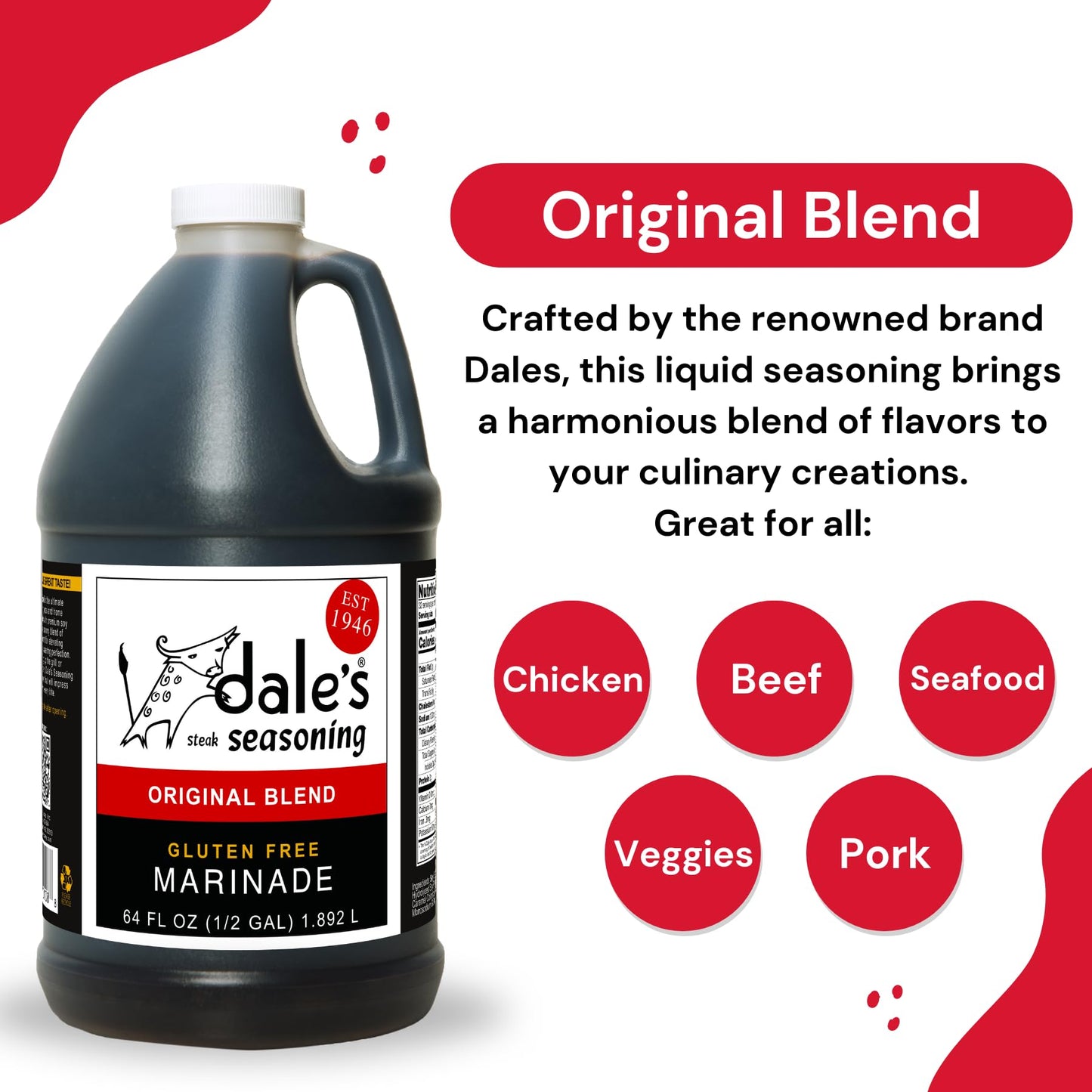 Original Steak, Poultry and Vegetable Seasoning By Dale's, Gluten Free | Delicious on All Meats, Fish, and Vegetables | 64 oz Bo