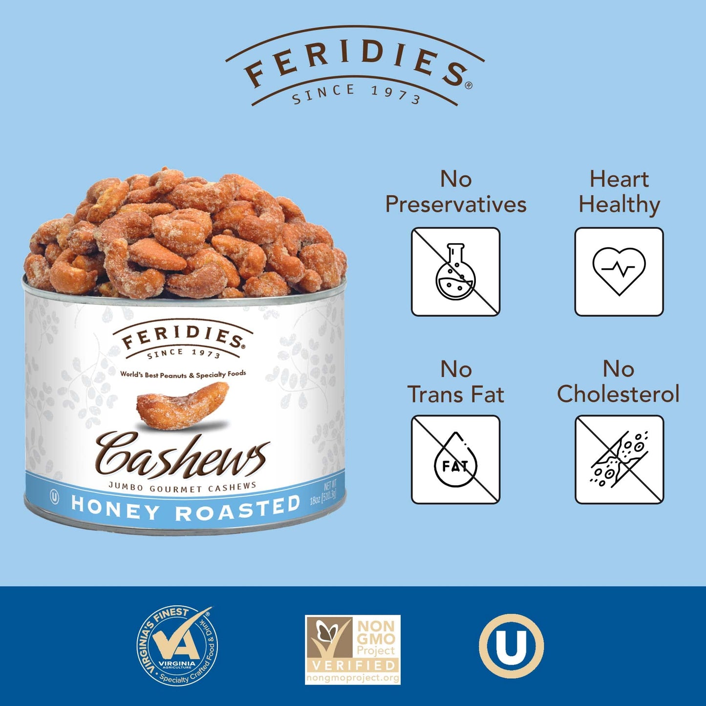 FERIDIES Jumbo Gourmet Honey Roasted Cashews 18oz Can - Honey Roasted Flavor