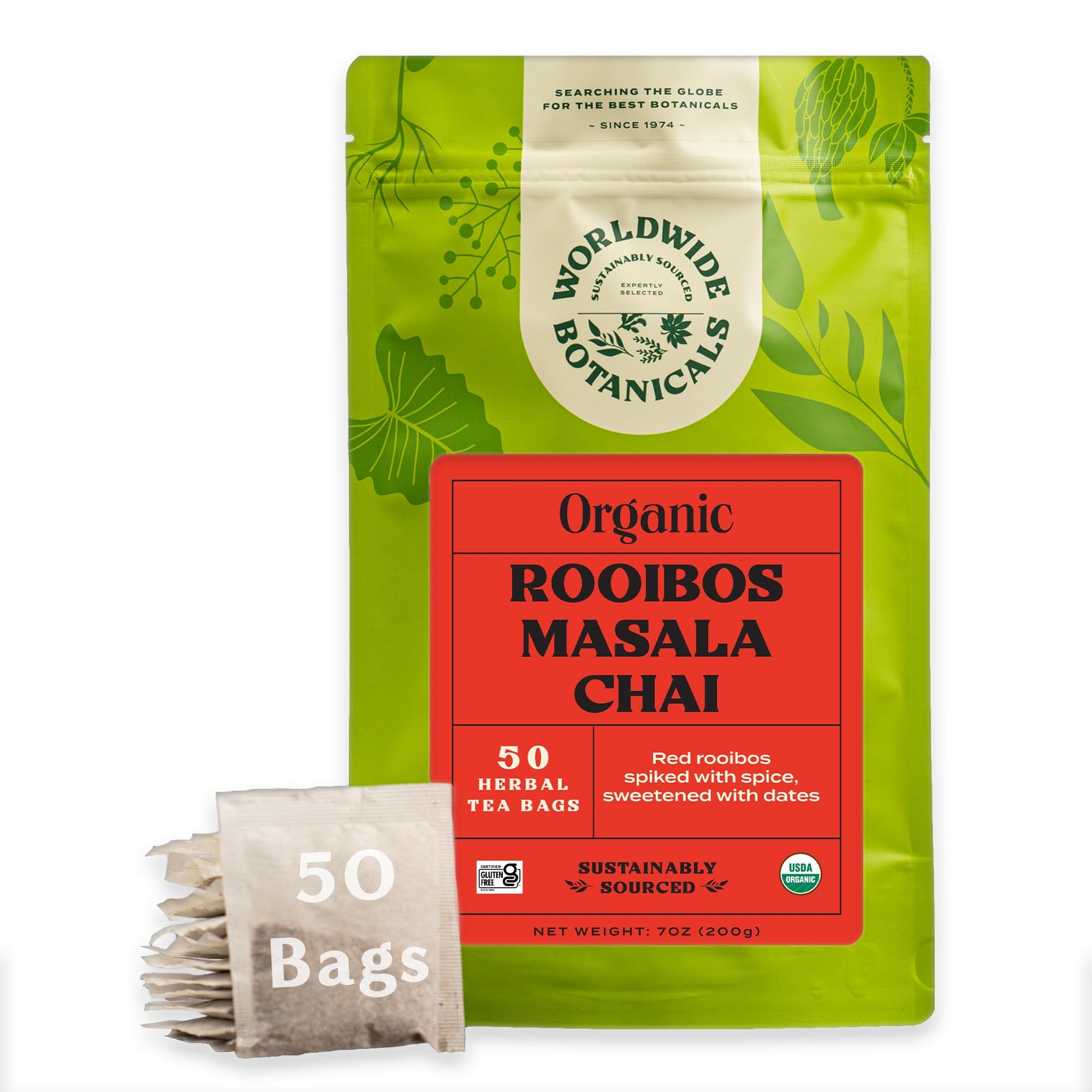 Worldwide Botanicals Rooibos Masala Chai Herbal Tea - Organic, Caffeine Free, 50 Tagless Bags