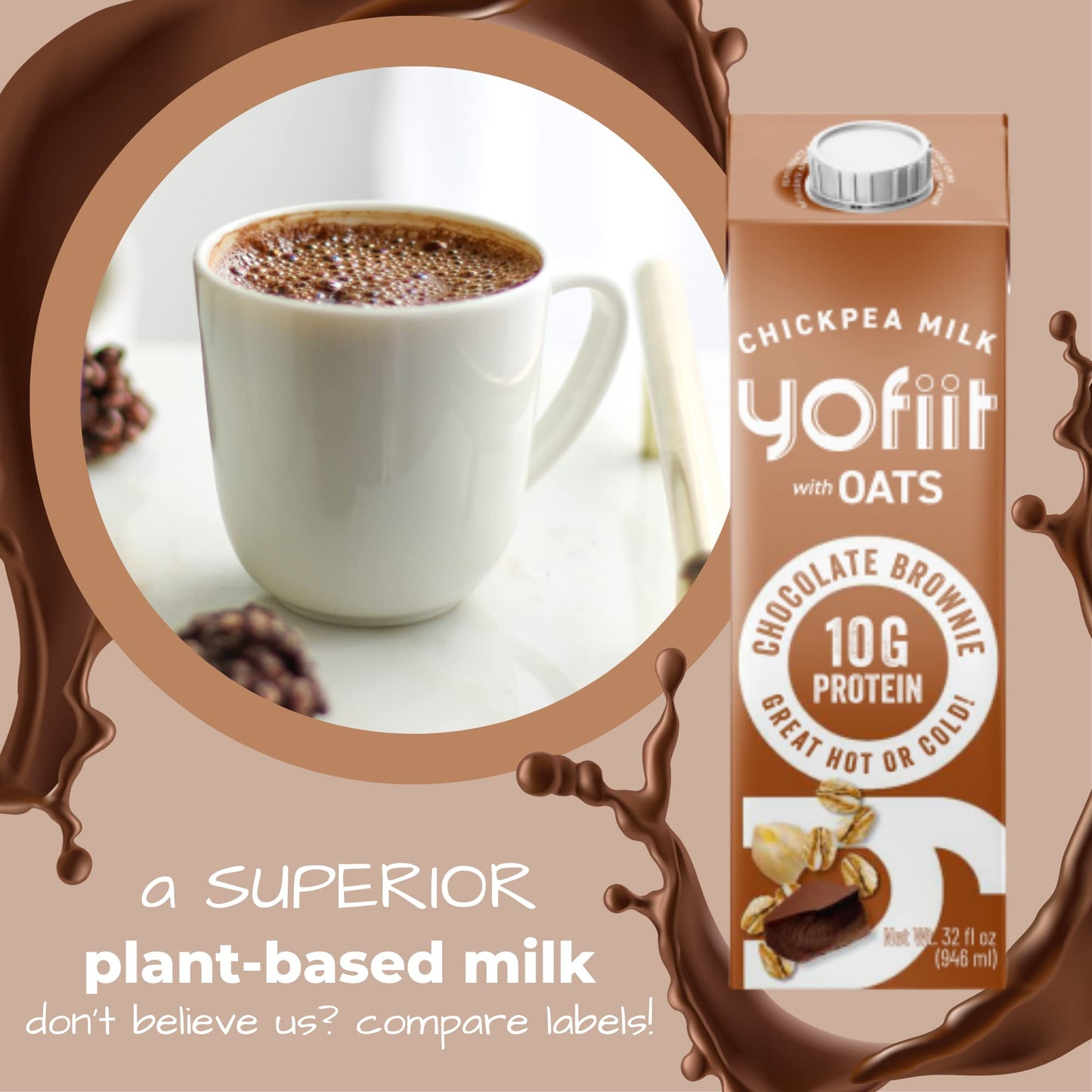 Yofiit Chocolate Brownie Non Dairy Milk - Delicious Vegan Chocolate Milk - 10G Protein & Less Sugar, Shelf Stable Milk With Oats