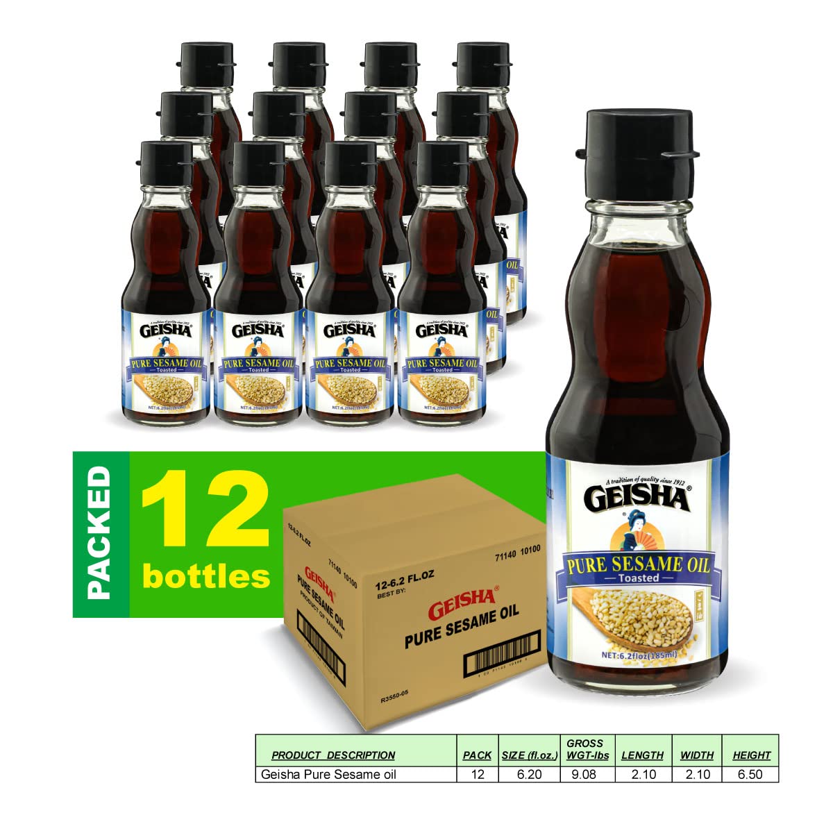 GEISHA Pure Sesame Oil, Toasted, Kosher Certified, Vegan, Gluten Free, 6.2 FL OZ, Pack of 12