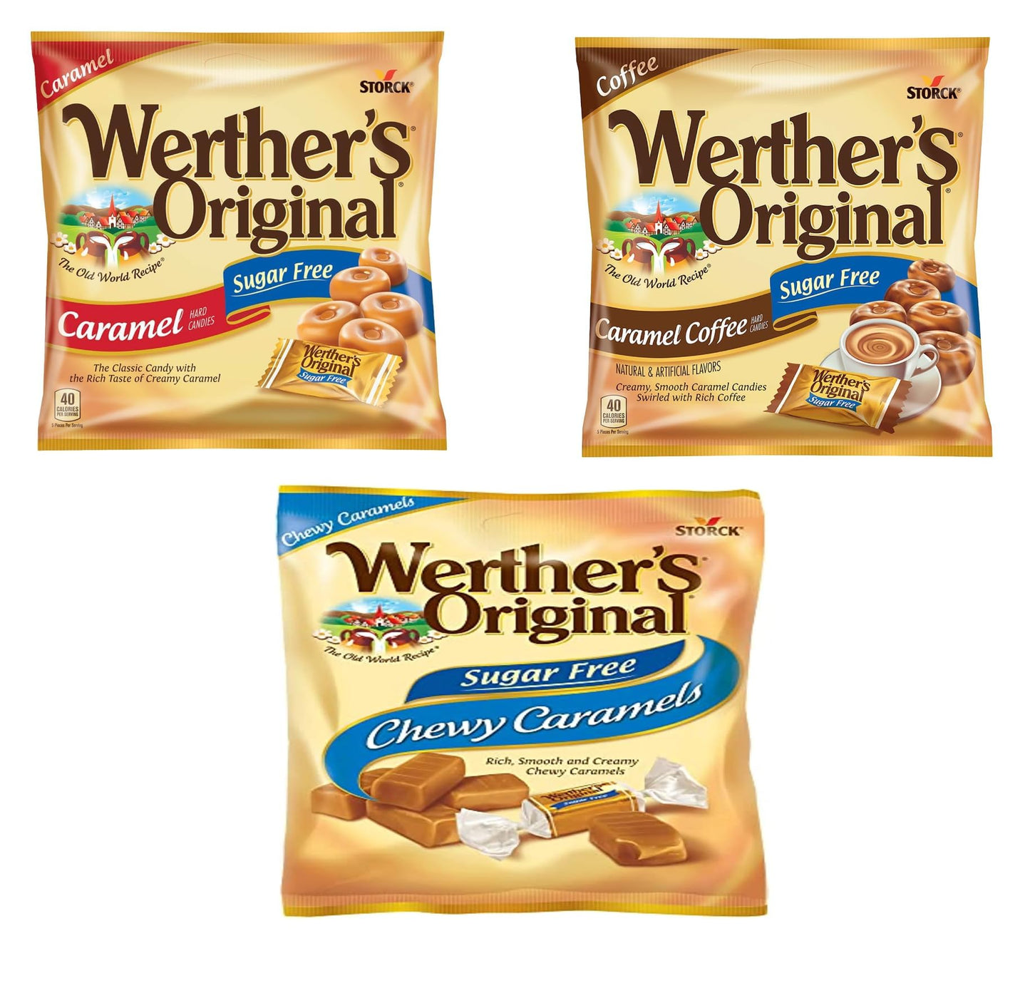 WertherS Oriflavor Blendal Sugar Free Hard Candy Variety Pack -Small Bags - Pack Of 3 - One Bag Of Each Flavor - Coffee  Chewy Caramel  And Oriflavor Blendal - Perfect For The Office
