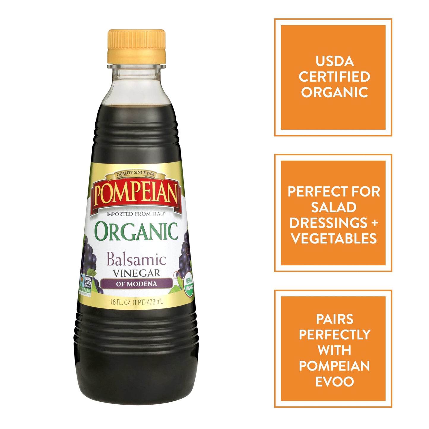 Pompeian Gourmet Organic Balsamic Vinegar, Perfect For Salad Dressings, Marinades & Vegetables, Non-Allergenic, Non-Gmo, 16 Fl. Oz.