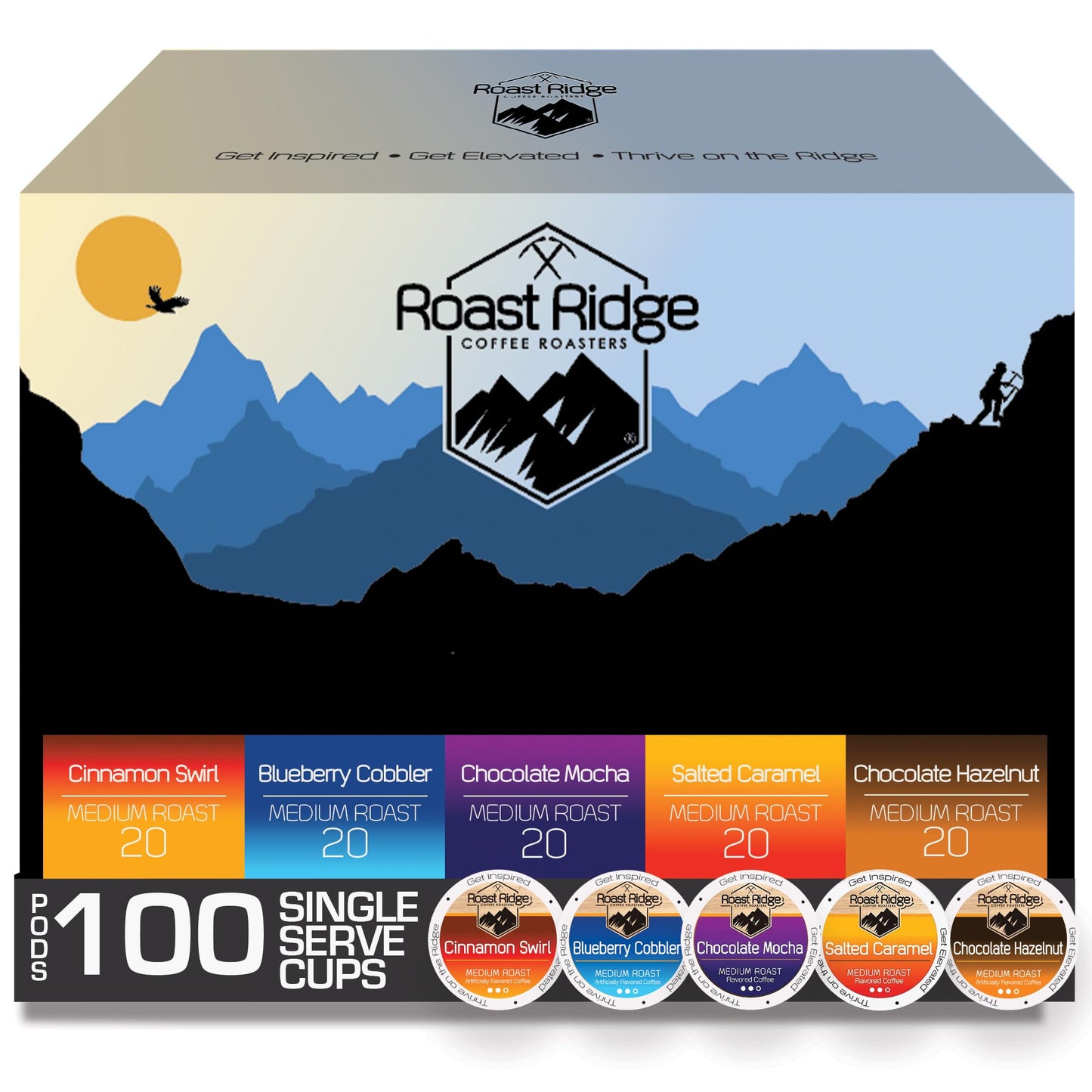 Roast Ridge Single Serve Coffee Pods Variety Pack, Medium Roast, 100 Count (20 each: Blueberry Cobbler, Chocolate Hazelnut, Salted Caramel)