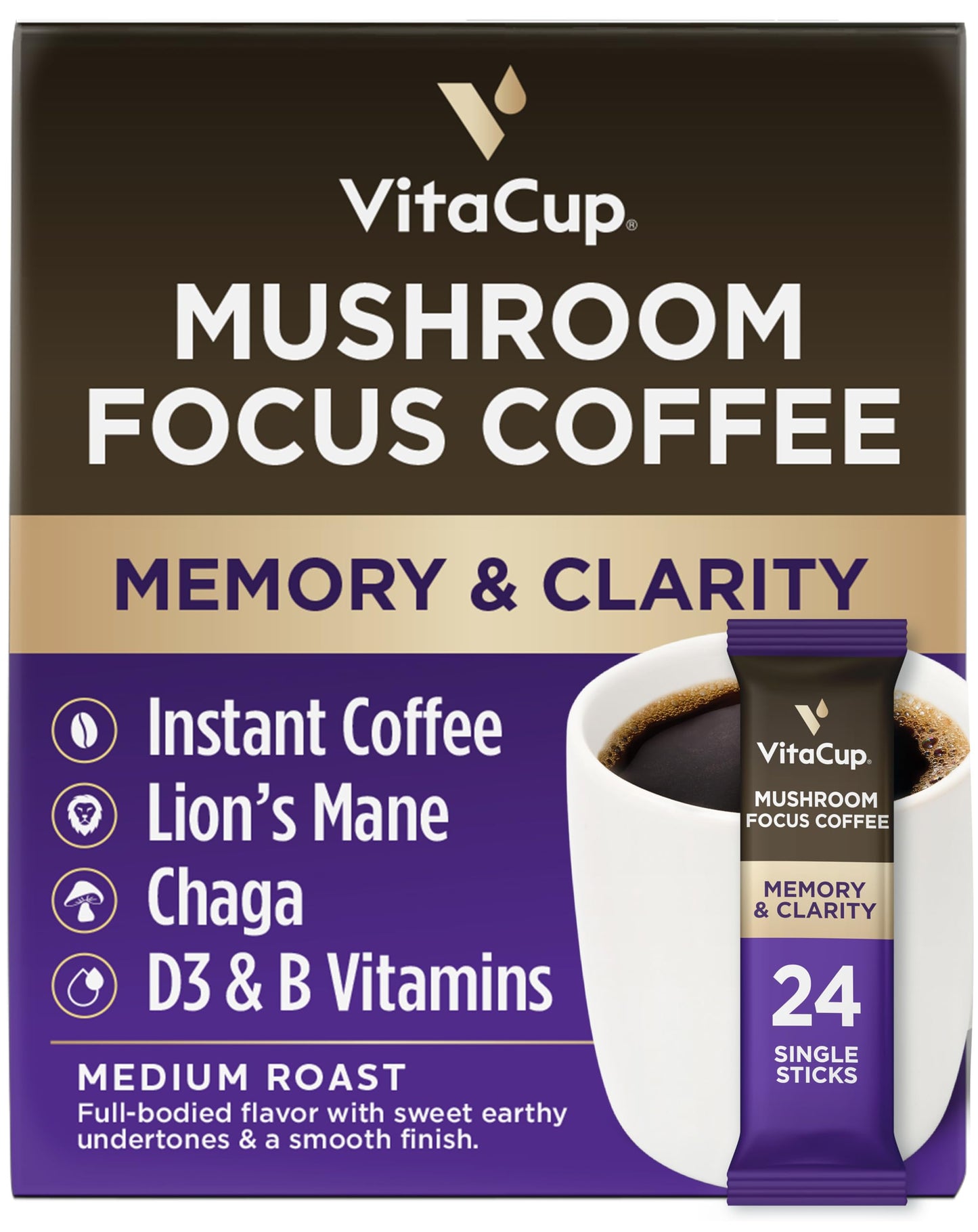 VitaCup Focus Mushroom Coffee Instant Packets  for Memory & Clarity Support  w/Fiber  Chaga  Lions Mane  D3  B Vitamins  Medium Roast  100% Arabica & Robusta Coffee in Single Serve Sticks  24 Ct