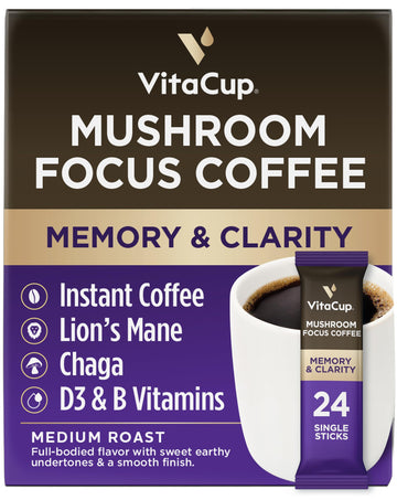 VitaCup Focus Mushroom Coffee Instant Packets  for Memory & Clarity Support  w/Fiber  Chaga  Lions Mane  D3  B Vitamins  Medium Roast  100% Arabica & Robusta Coffee in Single Serve Sticks  24 Ct