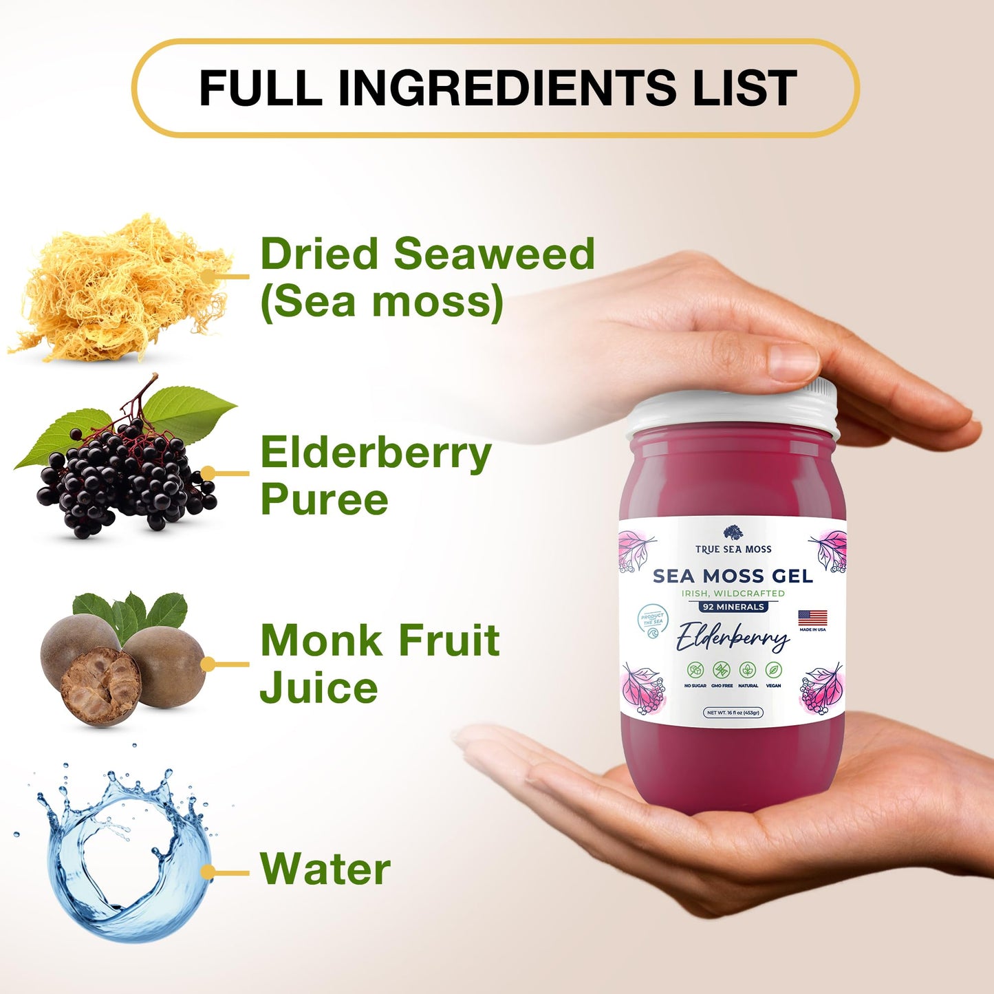 TrueSeaMoss Wildcrafted Irish Sea Moss Gel - Made with Dried Seaweed & Fresh Sea Vegetables, Seamoss - Made in USA (Elderberry,