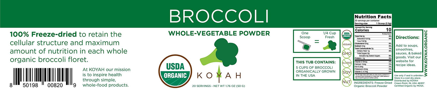KOYAH - Organic USA Grown Broccoli Powder (1 Scoop Equivalent to 1/4 Cup Fresh): 30 Scoops, Freeze-dried, Whole-Vegetable Powder
