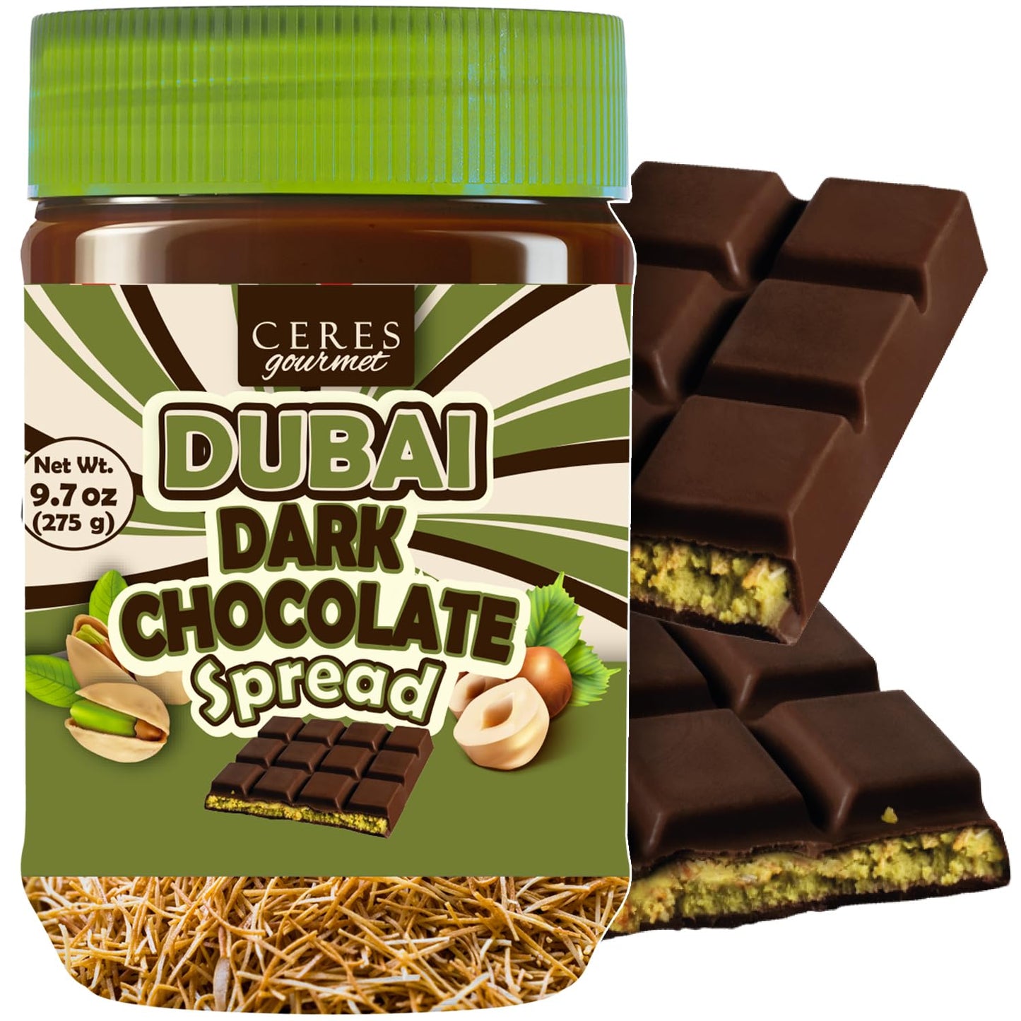 Irresistible Dark Dubai Chocolate Spread 9.7 Oz - Gourmet Chocolate Filling Jar With Pistachio Kataifi  Dubai Dip  Perfect Stylish Snack & Gift