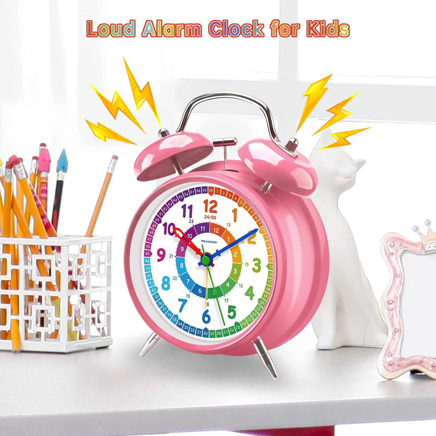 Peakeep Loud Alarm Clock For Kids Learning Telling Time Teaching Clock, 4 Inches Rainbow-Colored Twin Bell Analog Alarm Clock Ba
