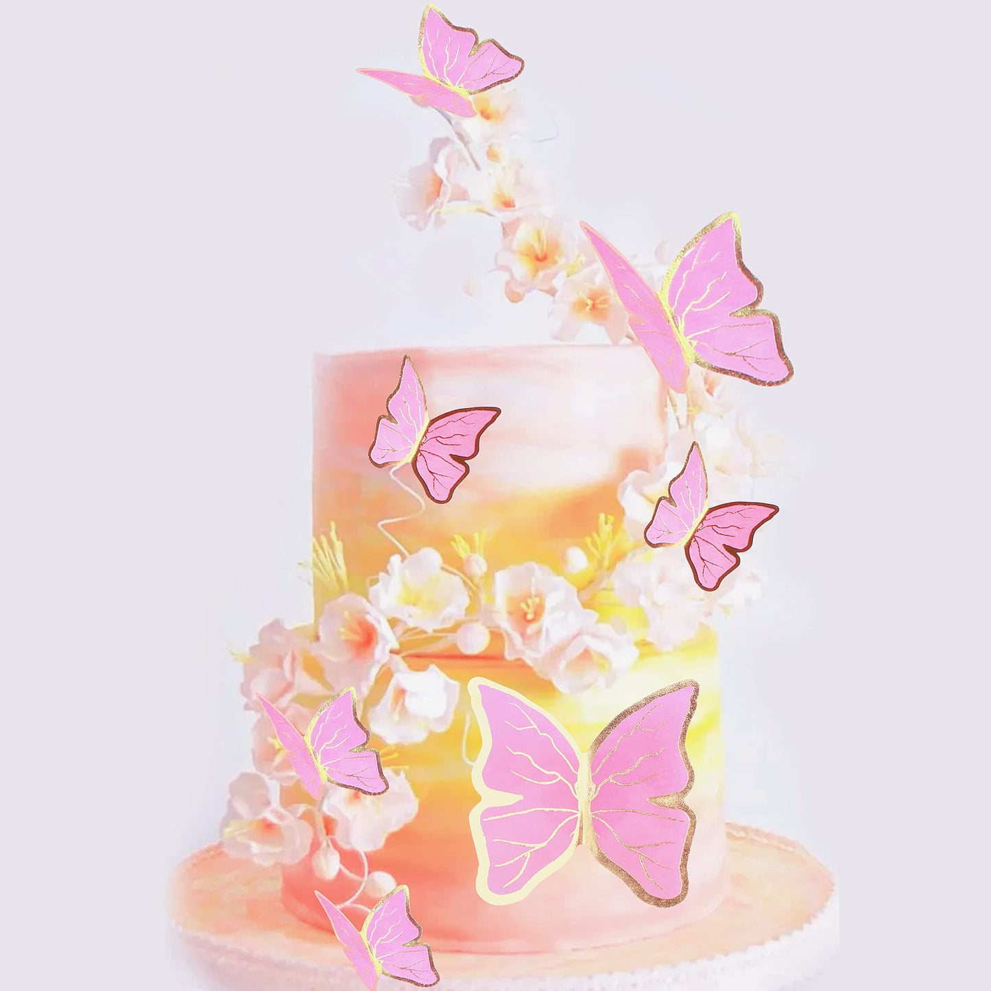 Cyodoos 30pcs Pink Gold Edge Mixed Size Lively 3D Waterproof Butterfly Cupcake Topper for Girls Women's Happy Birthday Wedding P