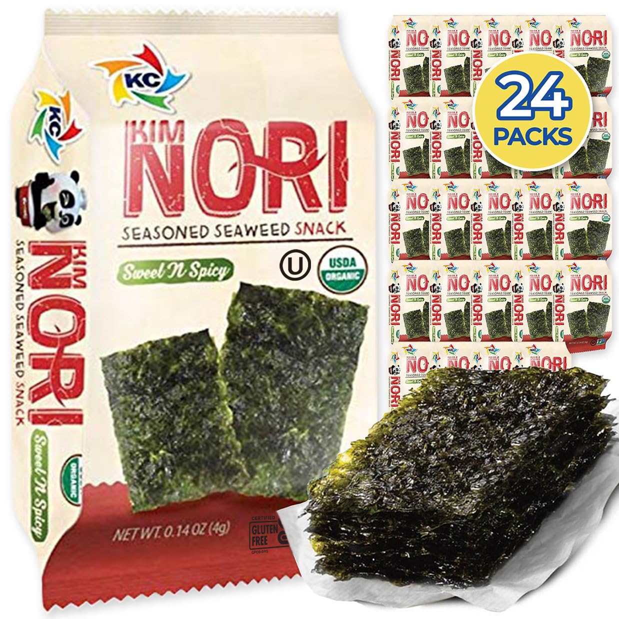KIMNORI Seasoned Seaweed Snacks - Organic Sweet N Spicy, 24 Packs, 4g Each, Roasted Crispy Laver
