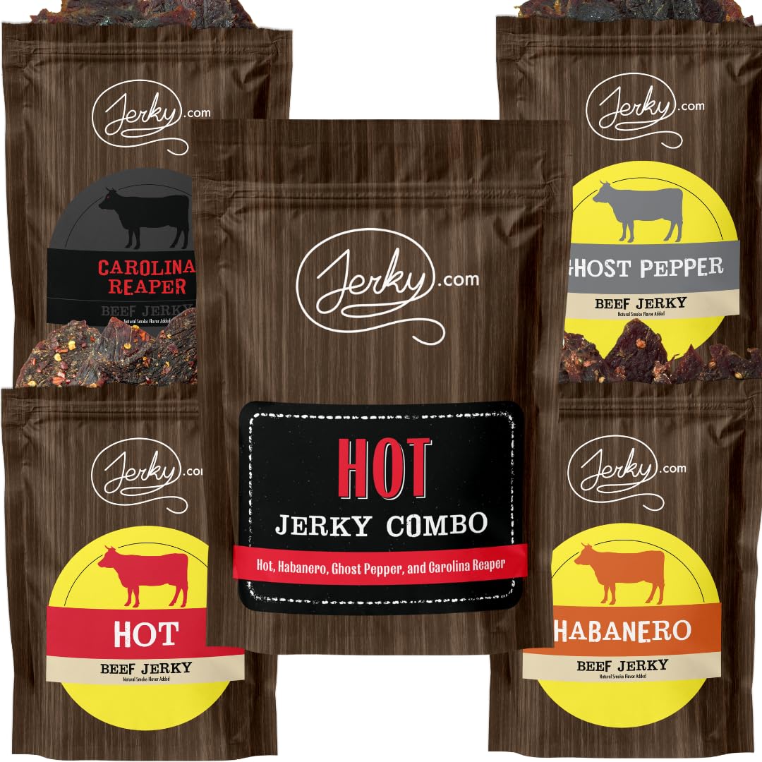 Jerky.Com Hot Jerky Combo - Featuring Habanero, Ghost Pepper, Carolina Reaper, And Classic Hot Beef Jerky - Perfect For Heat See