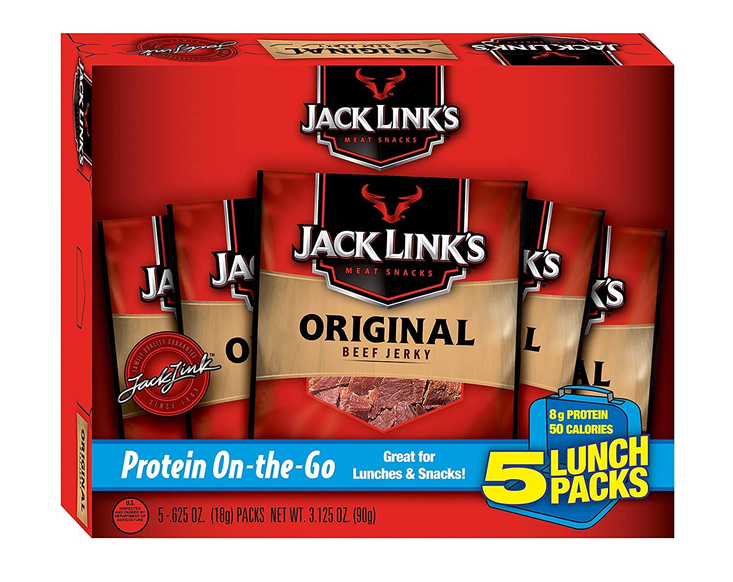 Jack Link'S Beef Jerky 5 Count Multipack, Original, 5, 0.625 Oz. Bags - Flavorful Meat Snack For Lunches, Ready To Eat - 7G Of P