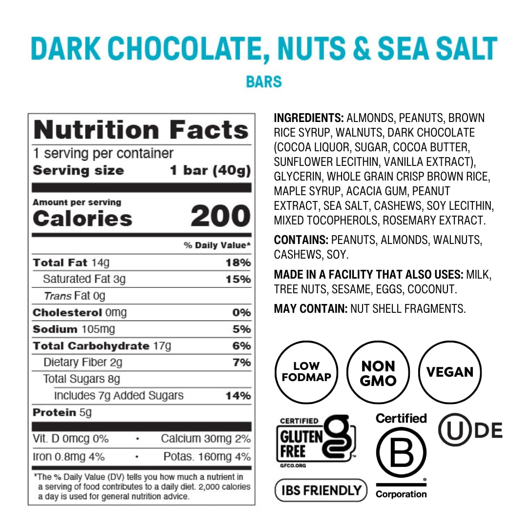 Fody Foods Dark Chocolate Nuts & Sea Salt Snack Bars, 12 Count, Vegan, Low FODMAP, Gluten Free, 5g Protein