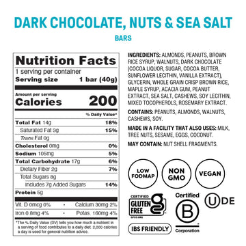 Fody Foods Dark Chocolate Nuts & Sea Salt Snack Bars, 12 Count, Vegan, Low FODMAP, Gluten Free, 5g Protein