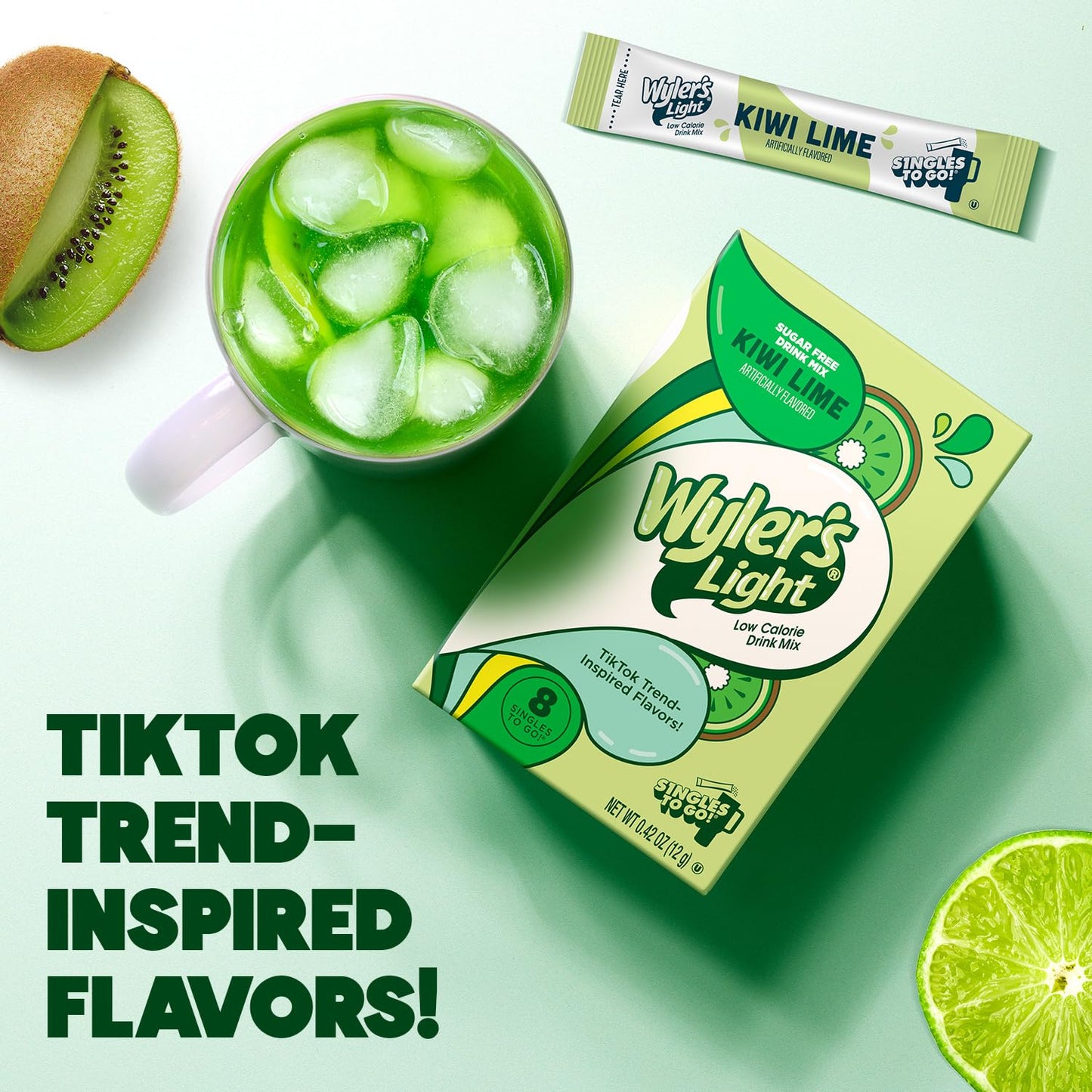 Wylers Light Singles To Go Powder Packets  Water Drink Mix  Watertok Kiwi Lime  96 Servings  8 Count x Pack of 12